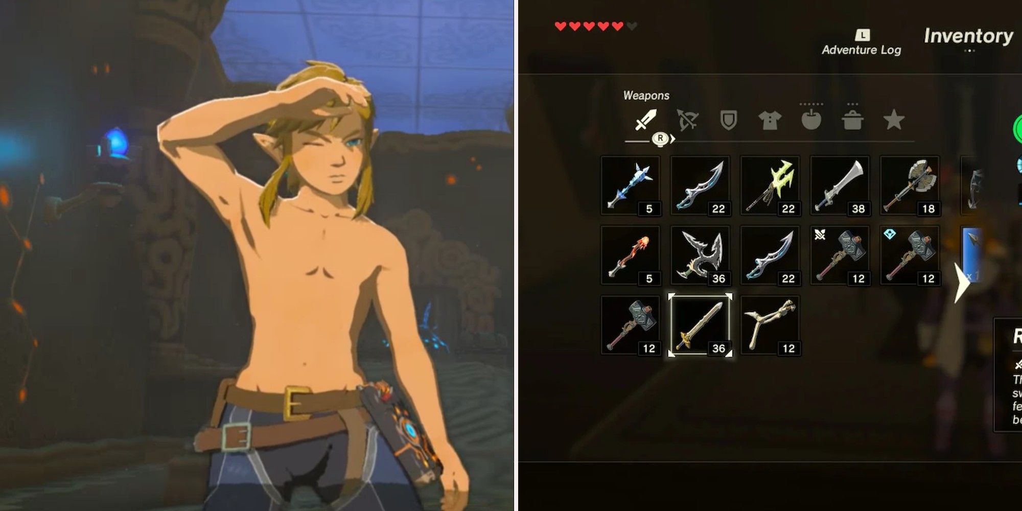 The Legend of Zeld Breath of The Wild - Shirtless Link and Link's full inventory