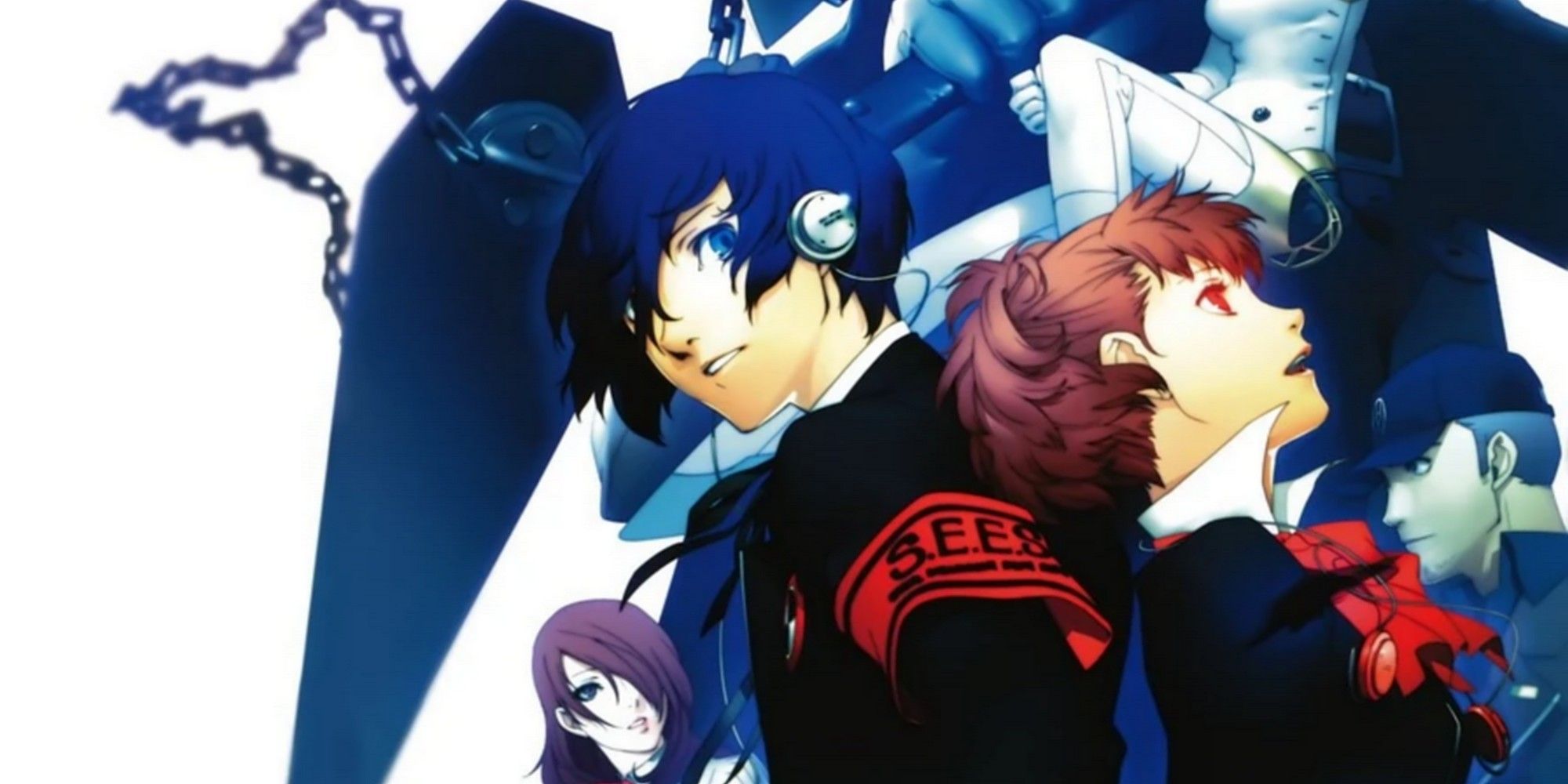 the male and female protagonists of persona 3 portable in promo art with mitsuru and junpei