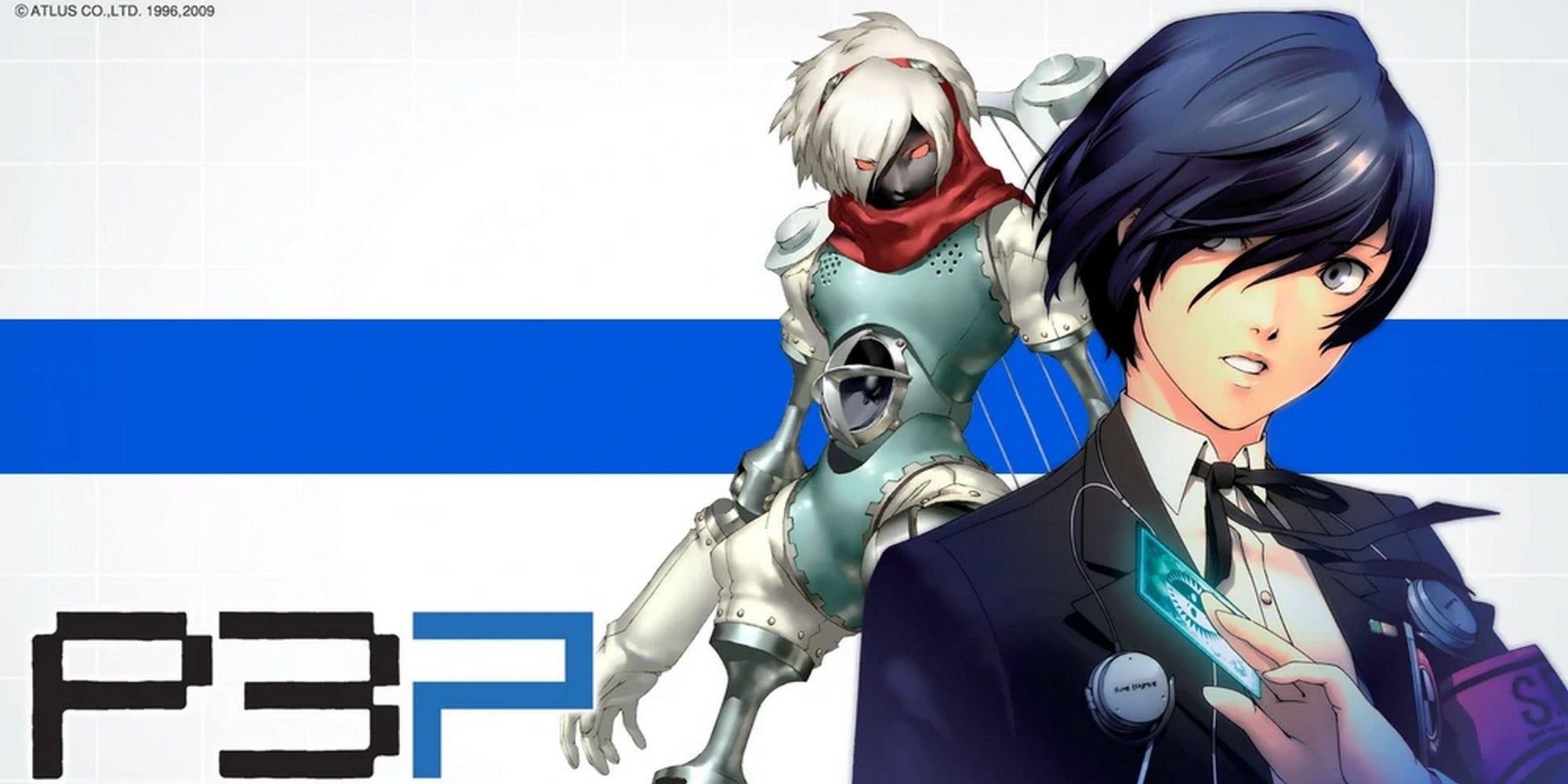 the male protagonist and his orpheus on a white and blue background in persona 3 portable