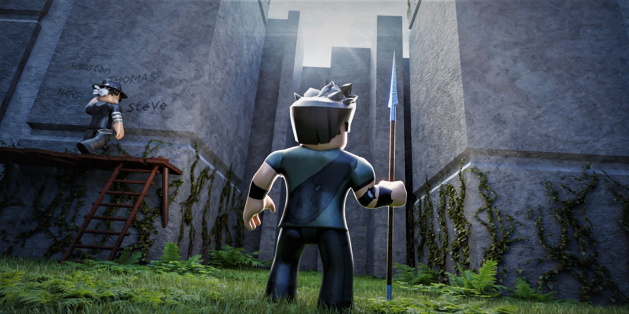 The Roblox character stands facing a maze with his back to us, while holding a spear