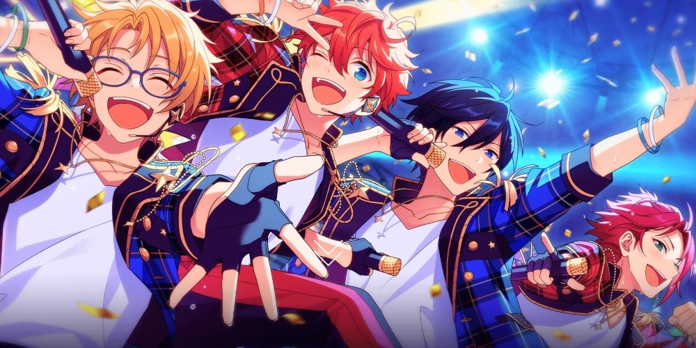 The members of Trickstar holding microphones and smiling at the camera with confetti in the air from Ensemble Stars Music