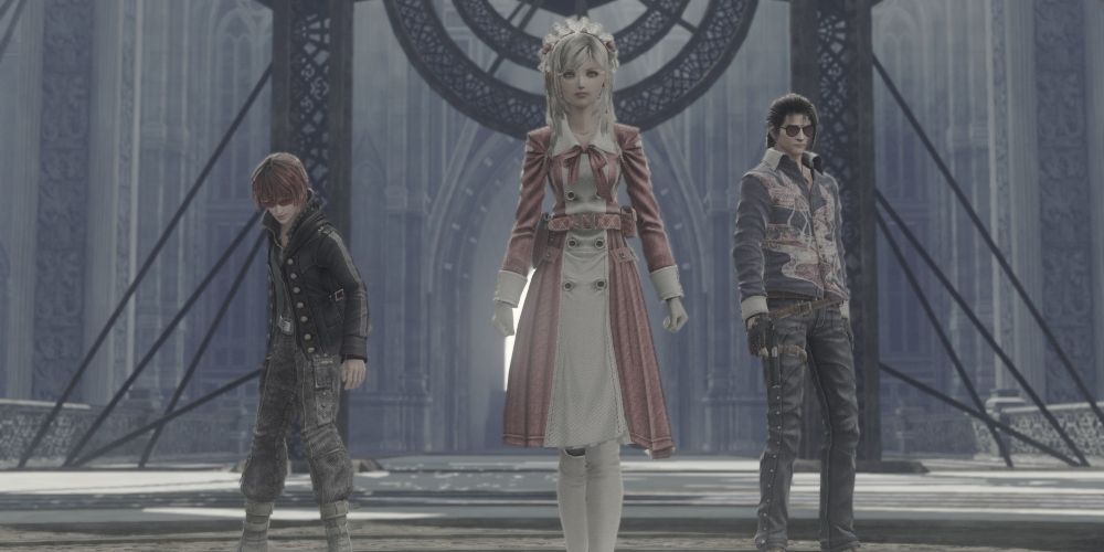 The party of Resonance of Fate wearing different costumes and accessories