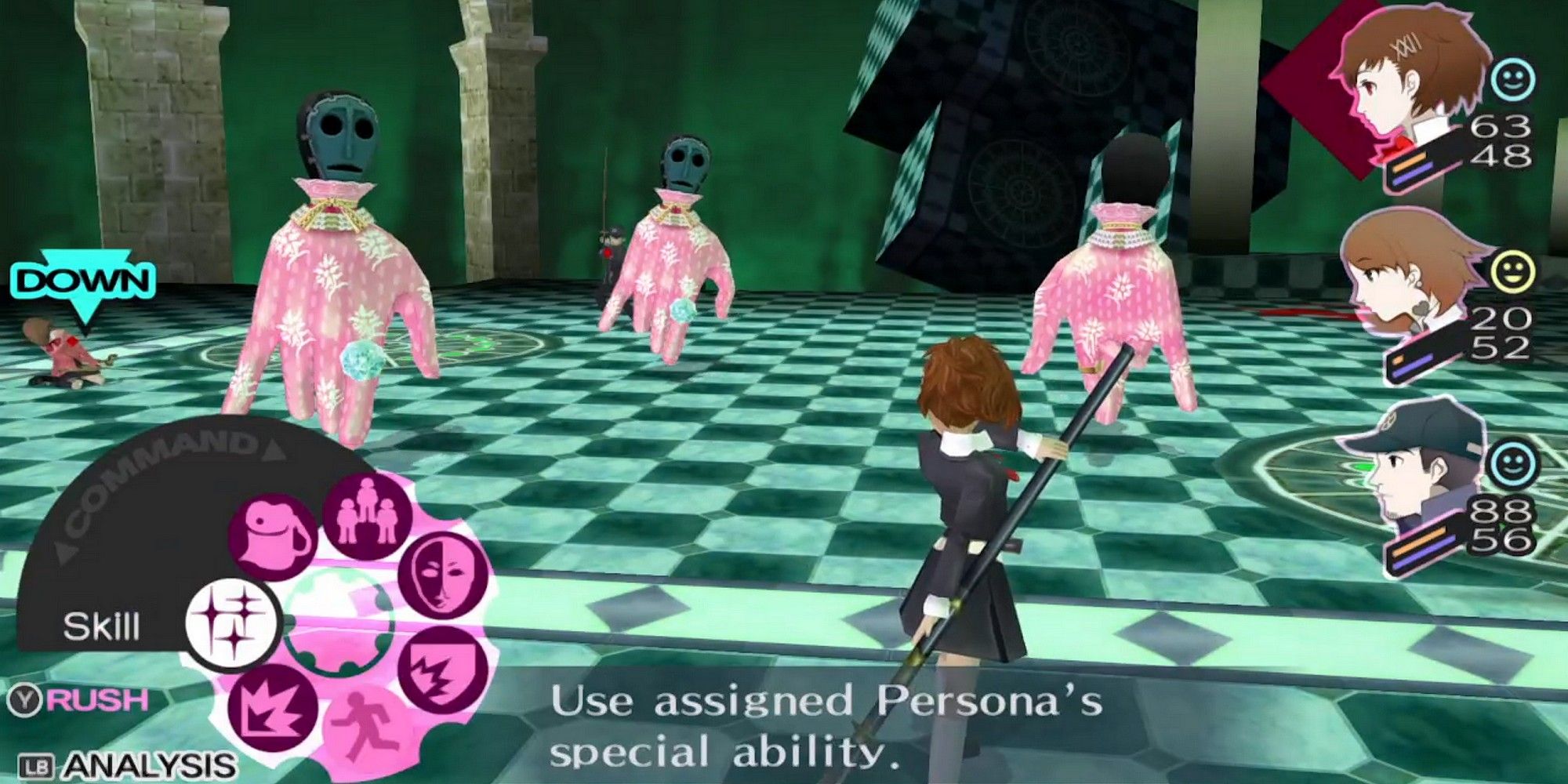 the sees team in battle with dancing hand featuring the ui for persona 3 portable