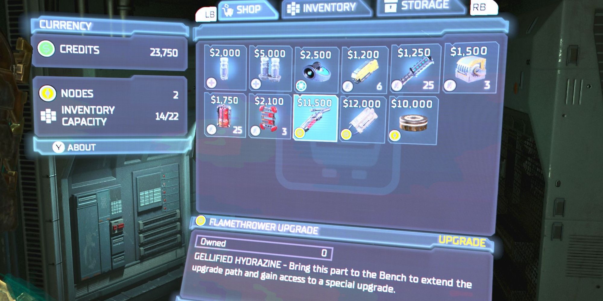 The shop showcasing a few weapon upgrades in the Dead Space remake.