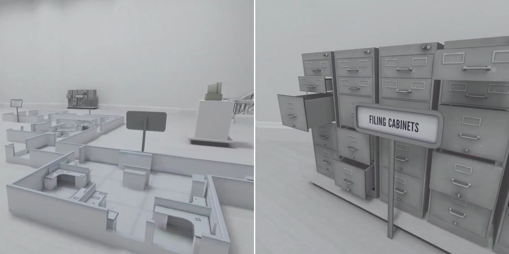 Layout Of The Office and Filing Cabinets Display in the Endgame Museum in The Stanley Parable