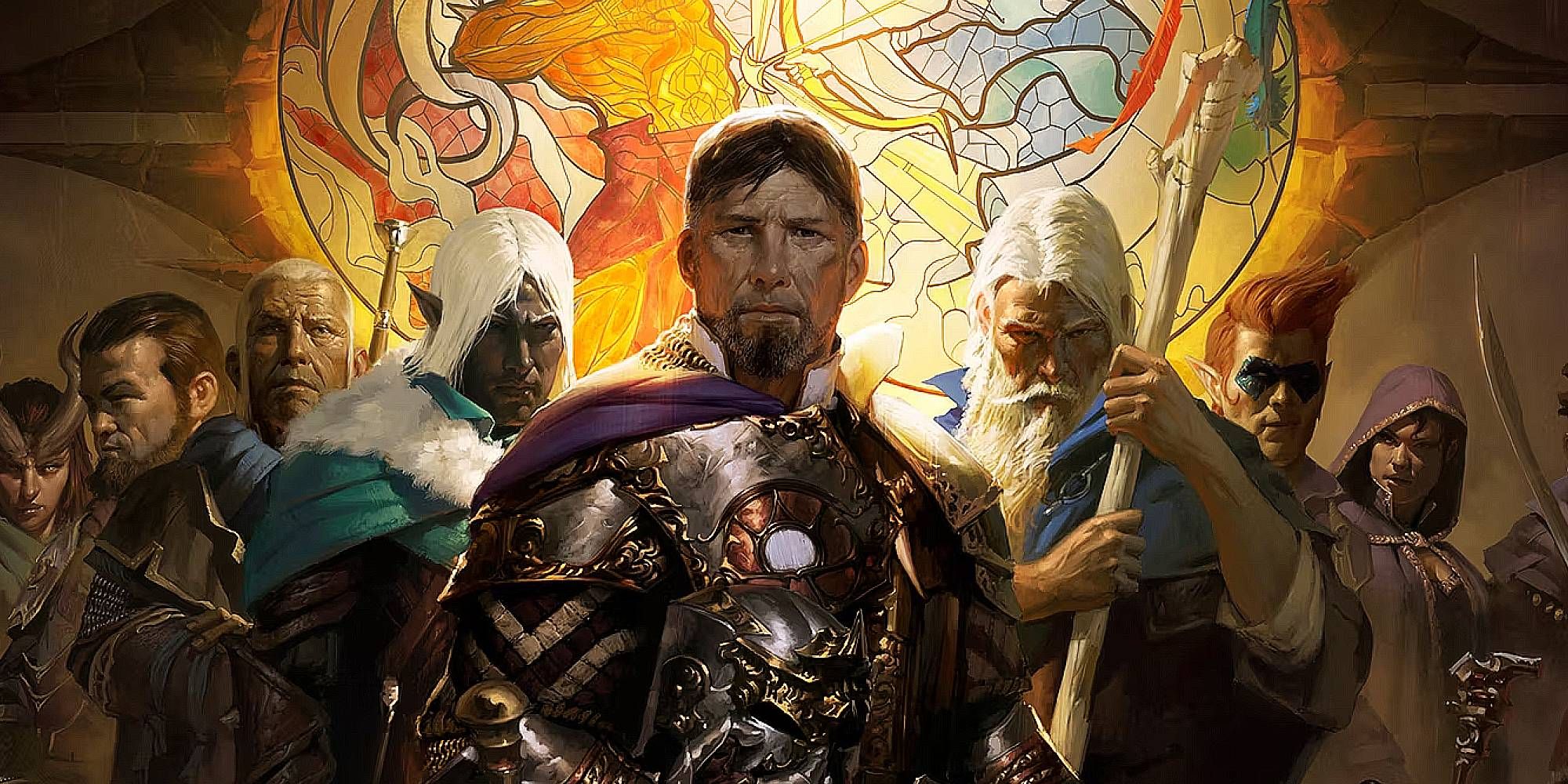 A group of adventurers stand and face the camera with a stained glass mural behind them