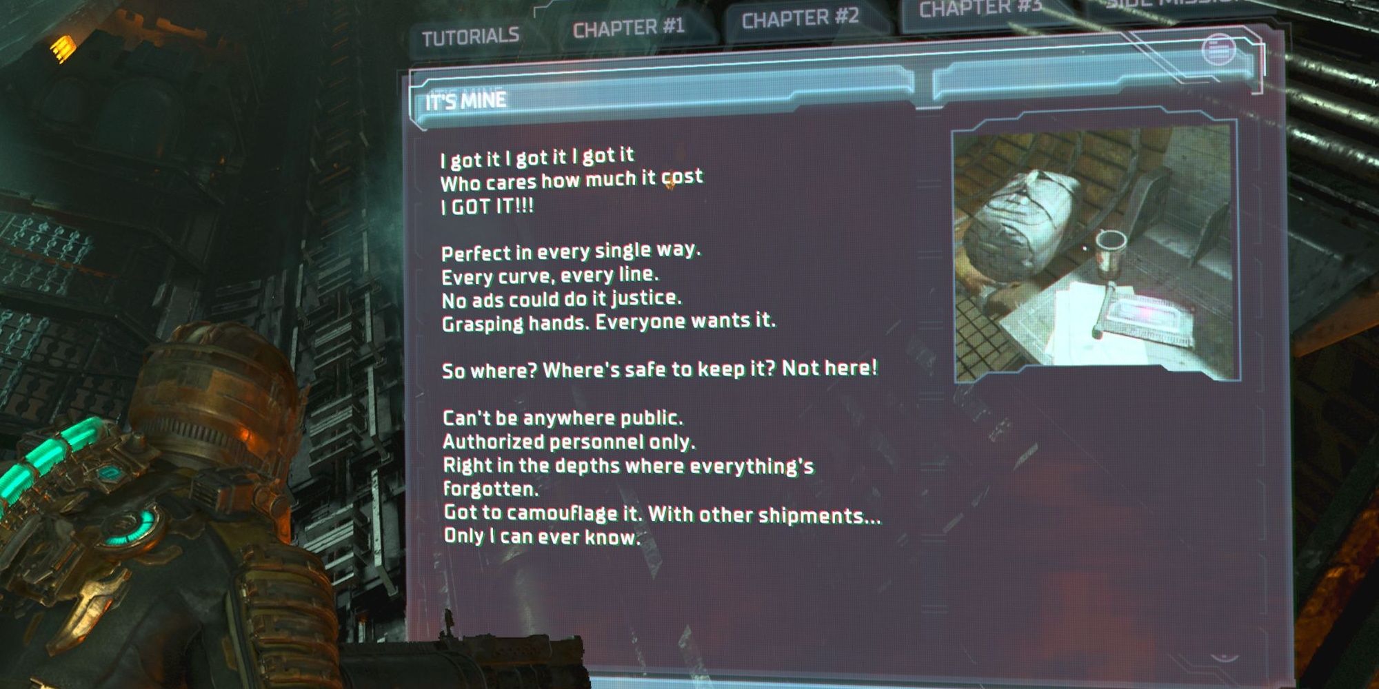 The text log hinting at the new location of the Peng treasure in the Dead Space remake.