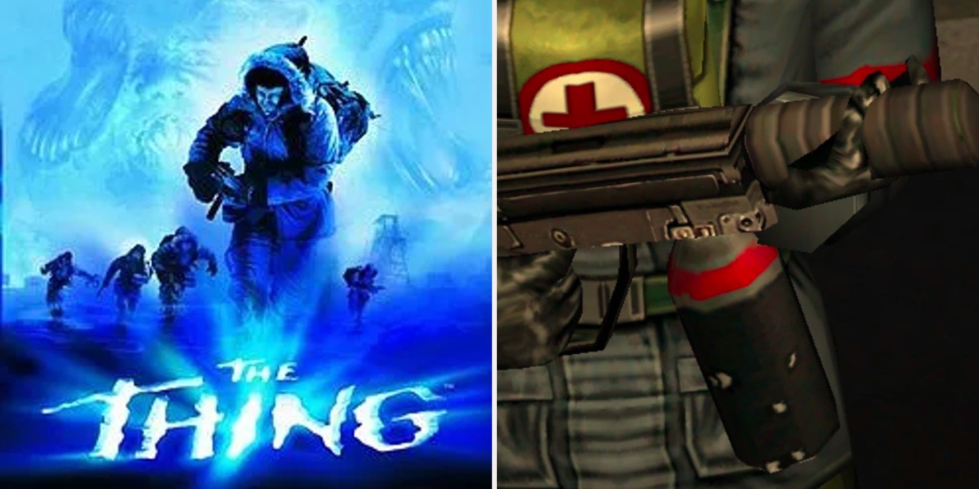 The Thing (2002) - Box art and flamethrower in game