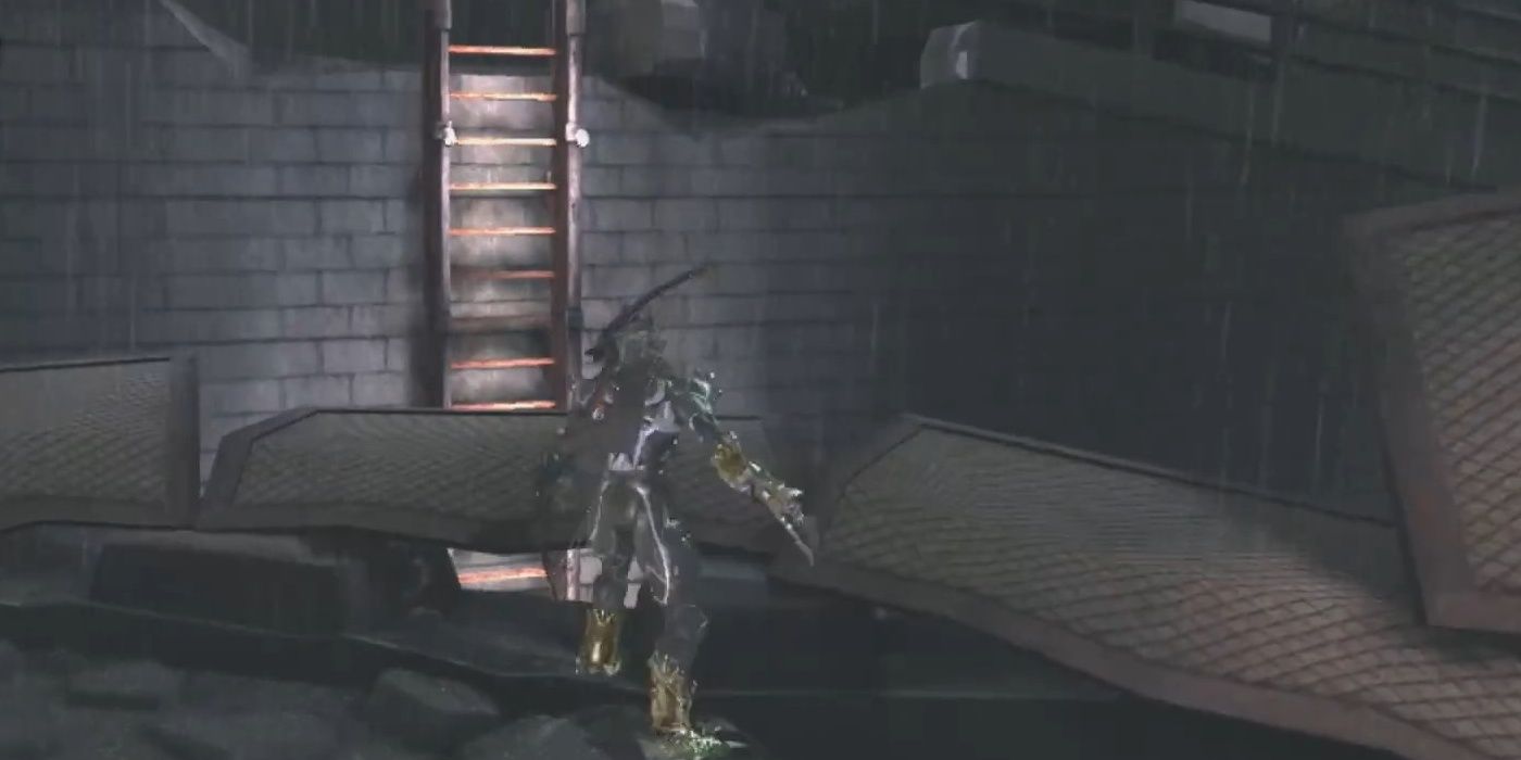 The upper path leading to the secret chest behind the ladder in Ninja Gaiden 2.