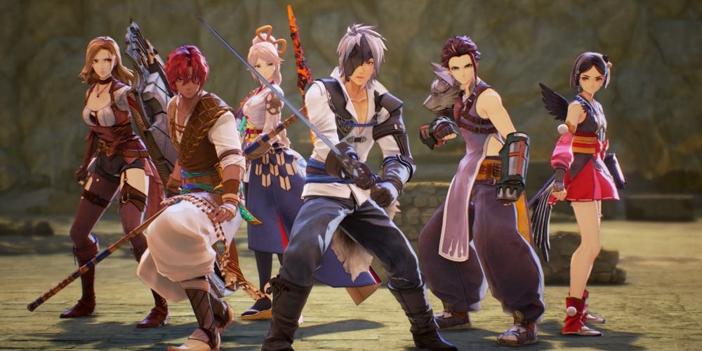 The Tales of Arise cast looking at the camera in battle stances wearing different costumes