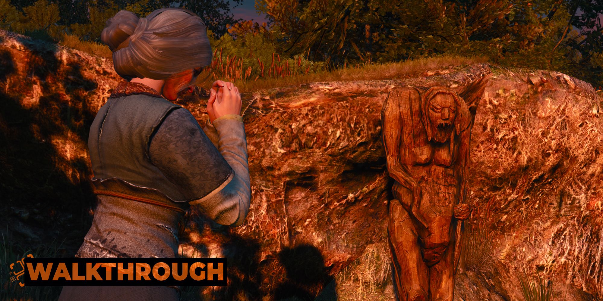 A woman prays to a shrine on an evening in Velen.