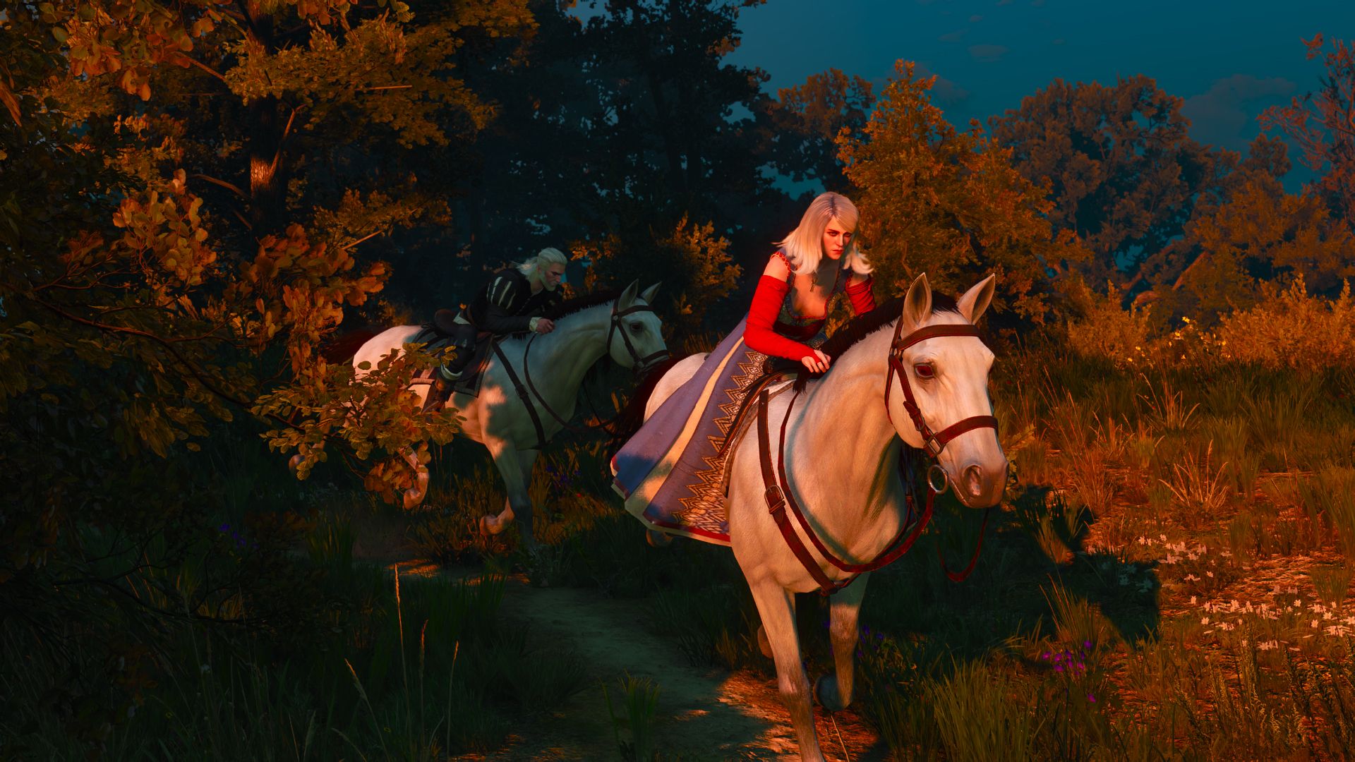 A woman in a dress rides a white horse through the countryside in the evening in the Witcher 3.