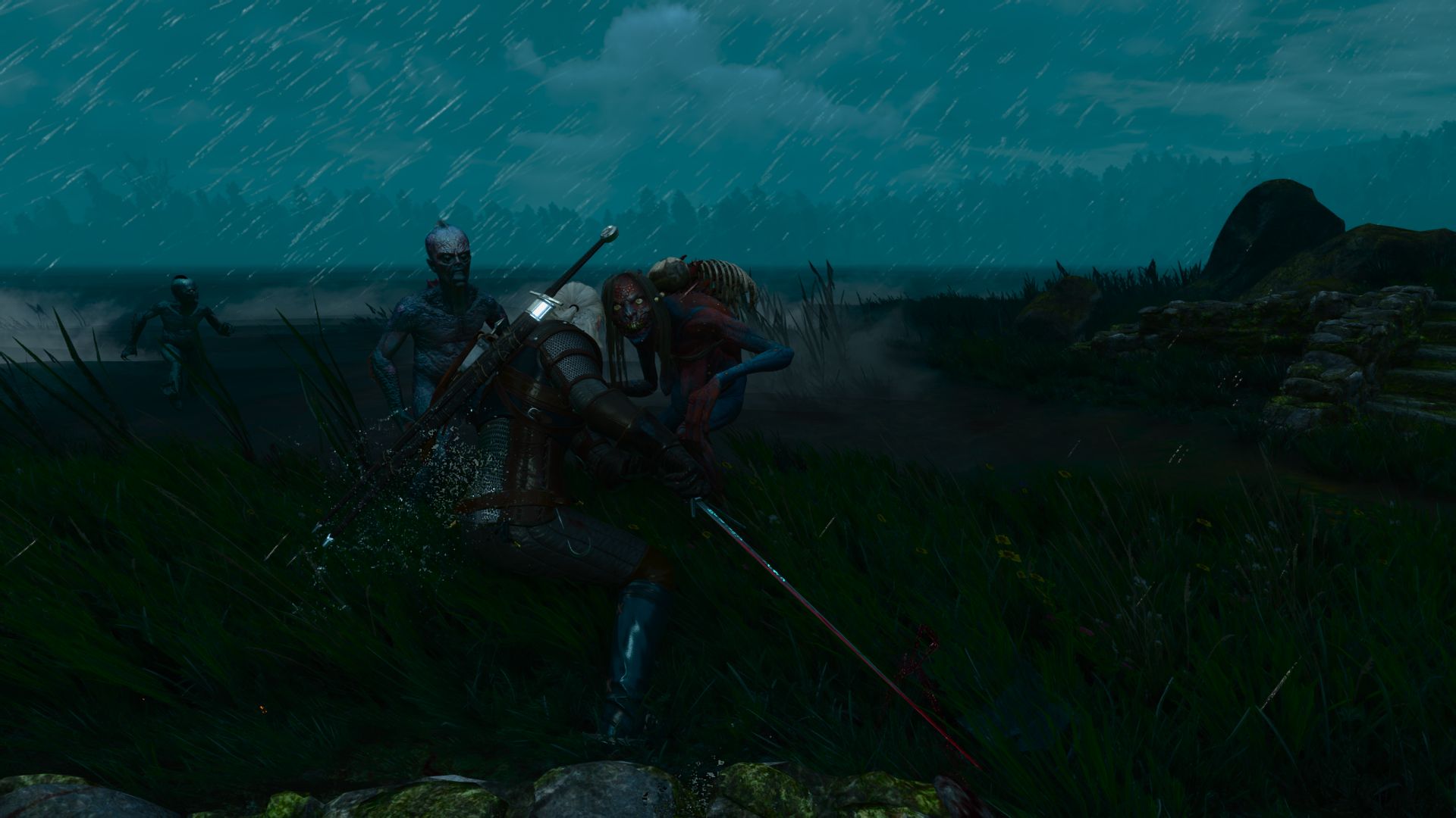Geralt slashes at a drowner and water hag by the coast at night.