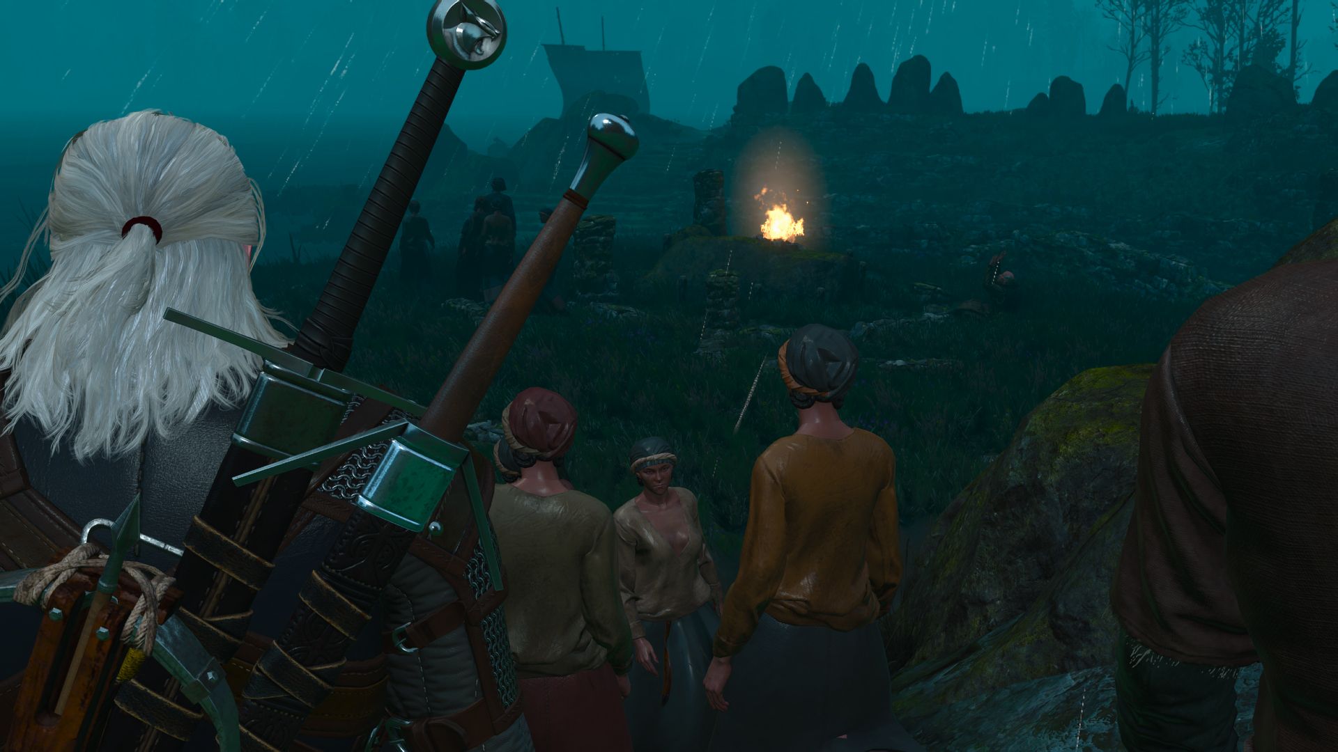 Geralt walks with a crowd toward a large bonfire in a stone circle in the Witcher 3.