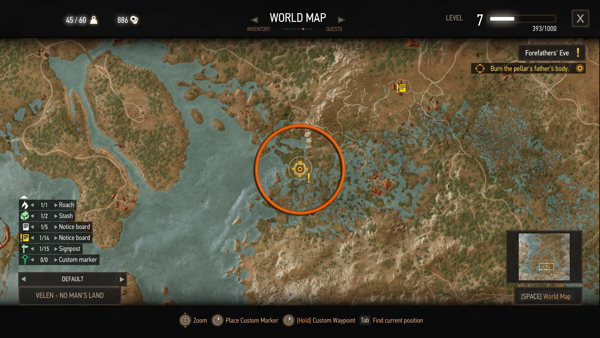 A screenshot of the game, showing where the pellar&rsquo;s father&rsquo;s body is located.