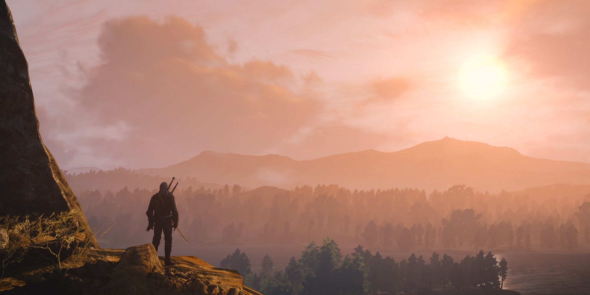The Witcher 3 Hearts of Stone geralt looking at the dawn over forests
