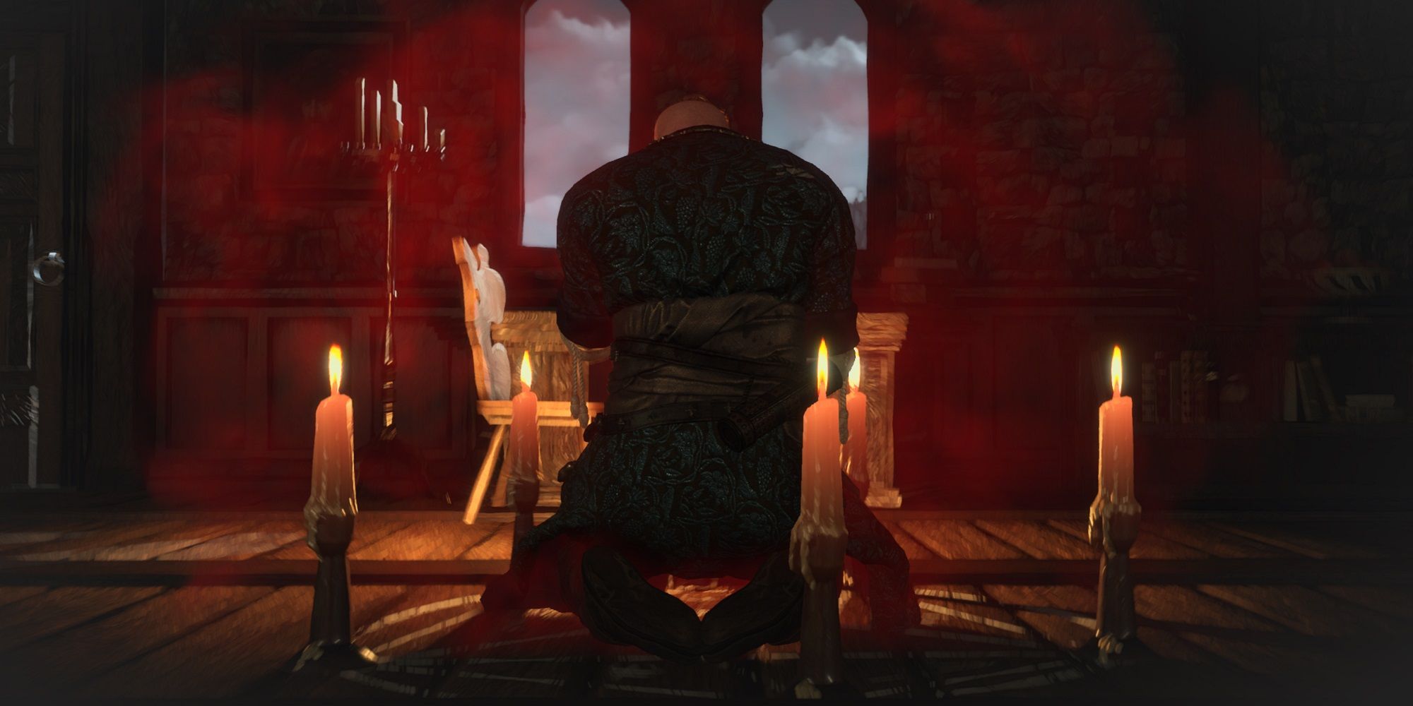 The Witcher 3 Hearts of Stone Olgierd kneeling in red smoke