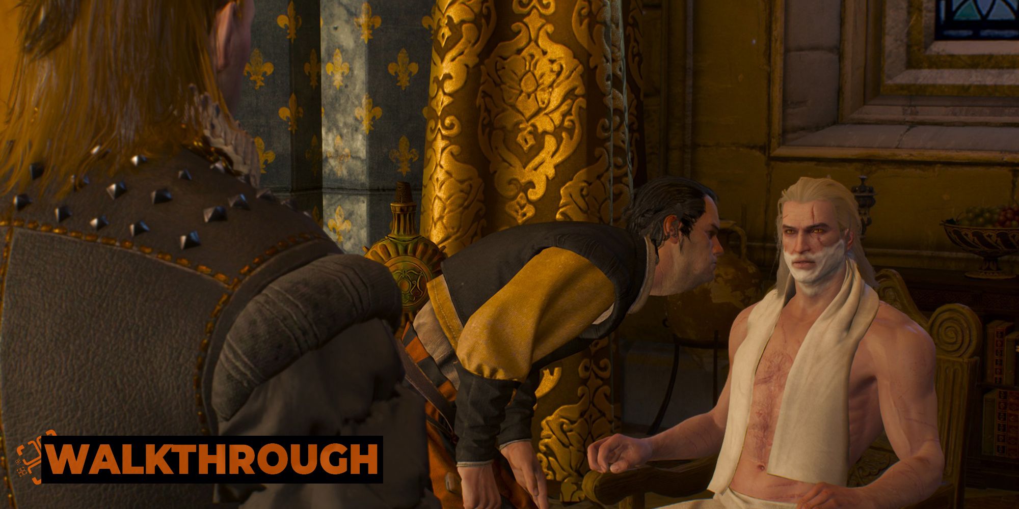 Geralt sits at a chair, glaring sullenly as his beard is shaved off.