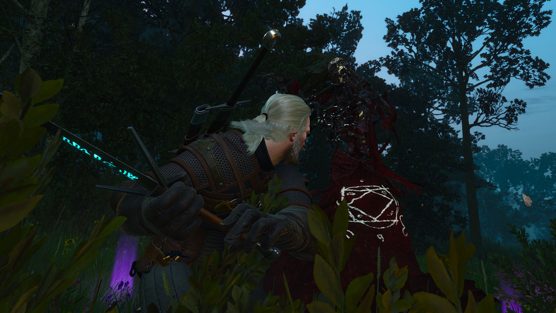 Geralt swings at a nightwraith at night in The Witcher 3.