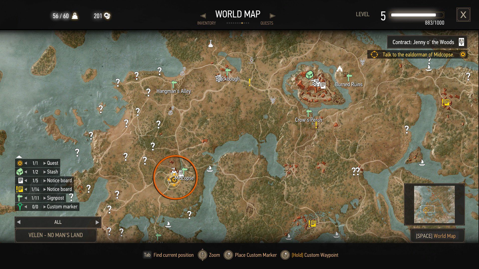 A screenshot showing where Midcopse is, where the quest starts.