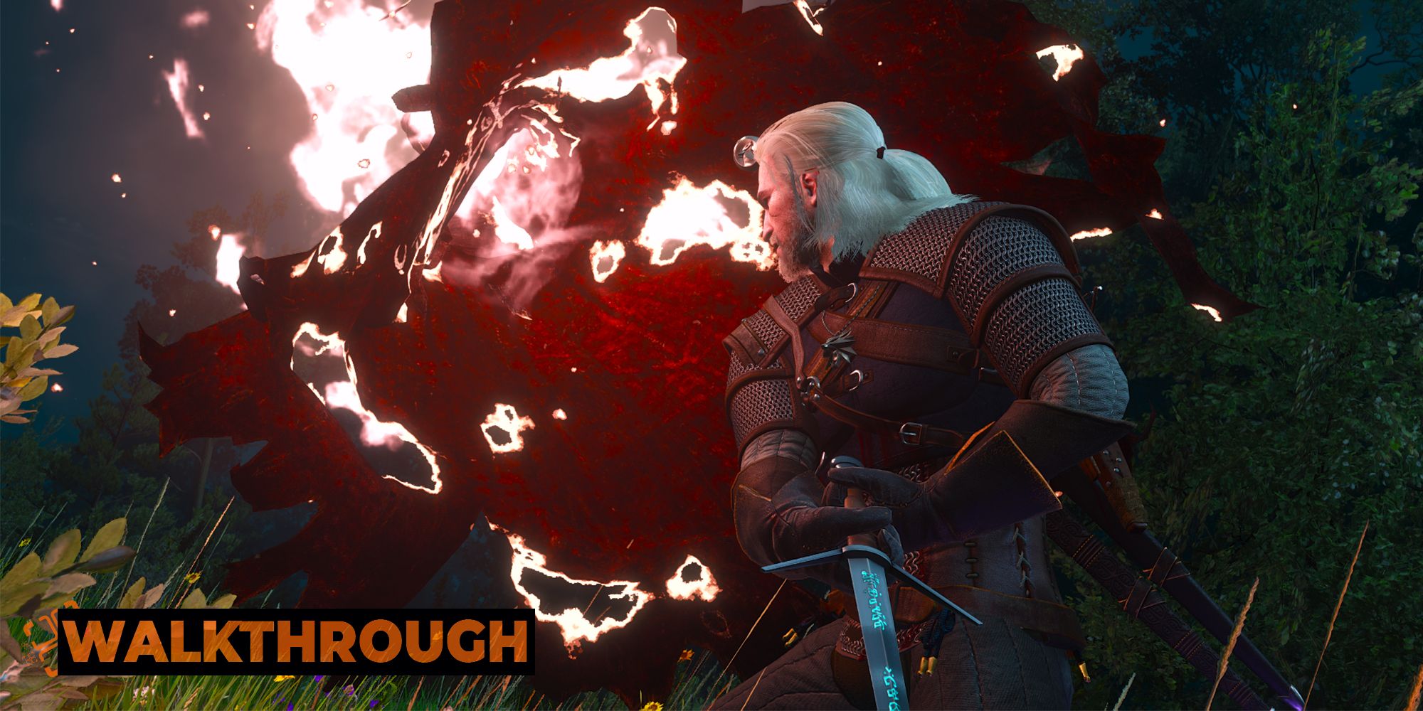 Geralt slickes at a nightwraith, bathing the scene in a red glow.