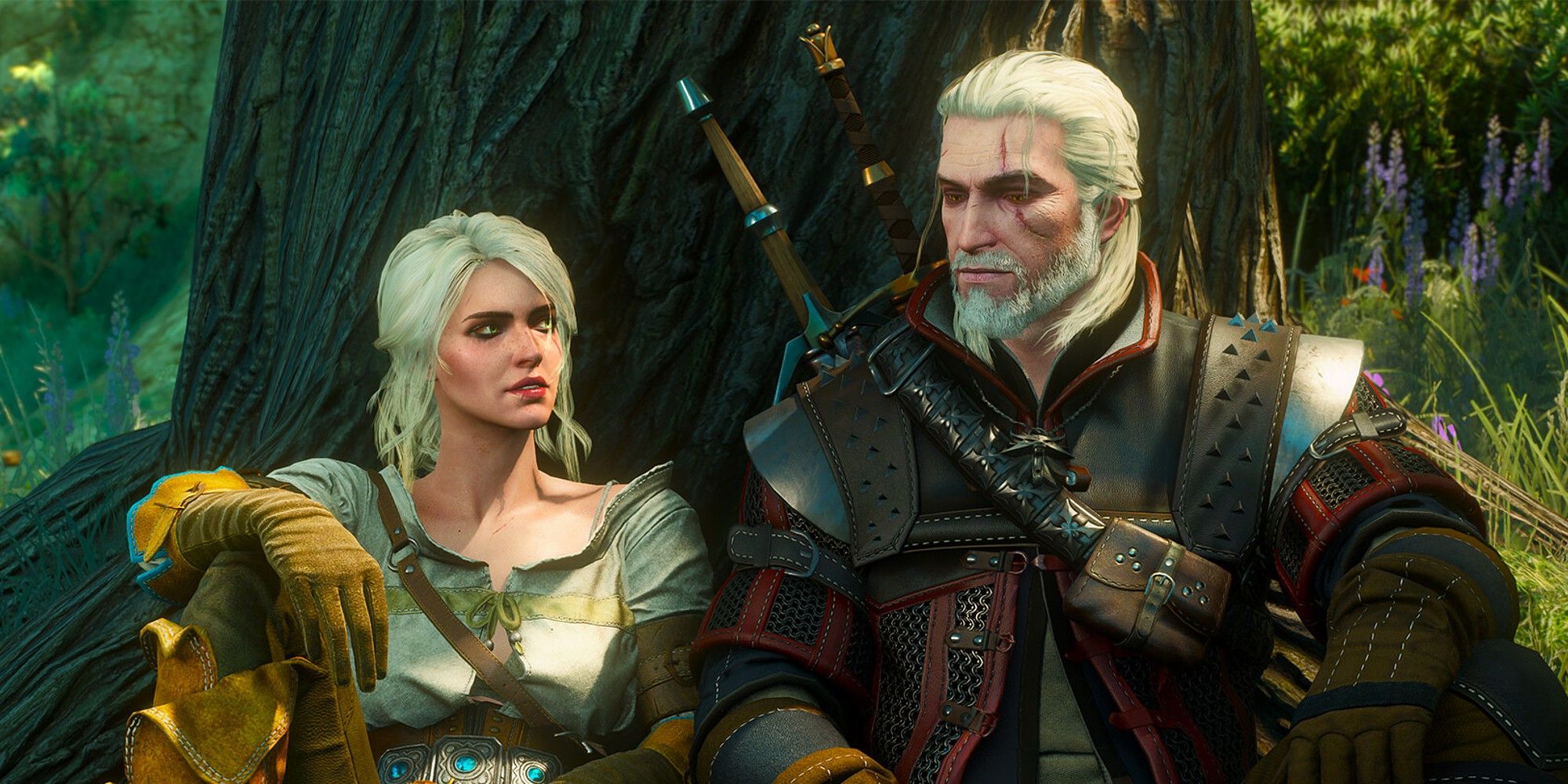 The Witcher 3 Next-Gen Update Ciri et Geralt assis sous l'arbre et se reposant