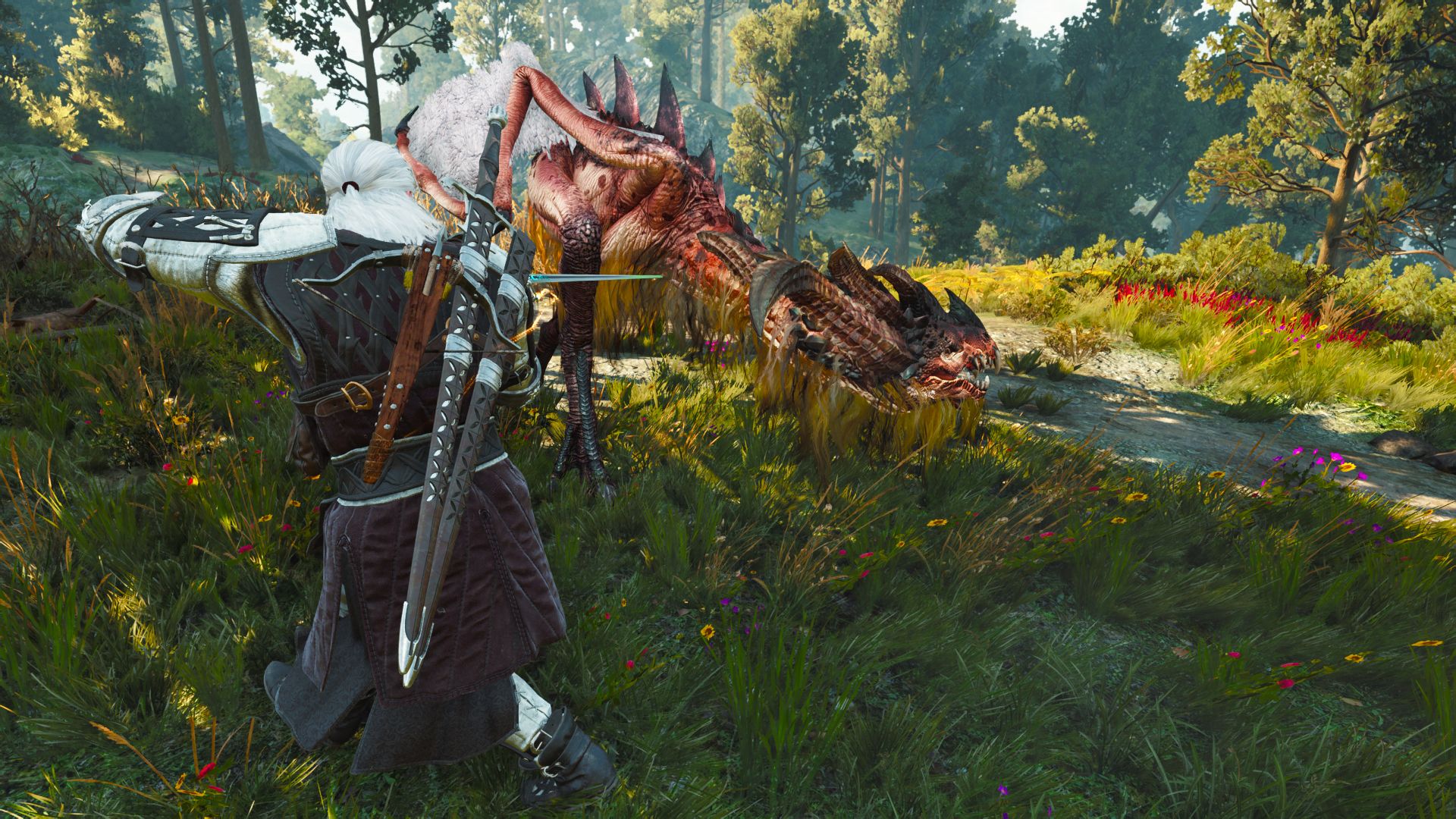 Geralt walks around a wyvern, holding his silver sword and being careful.