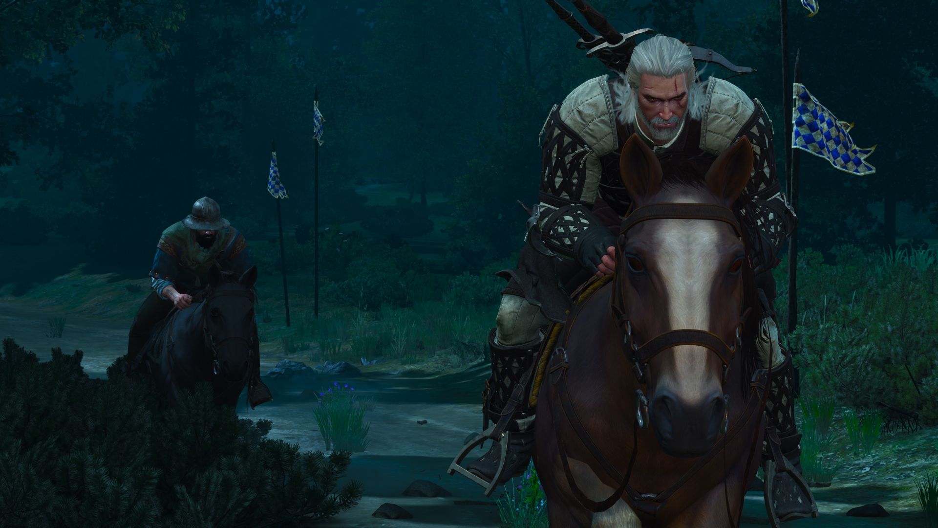 Geralt leans forward on his horse as he outpaces a competitor on a road at night with flags in the background.