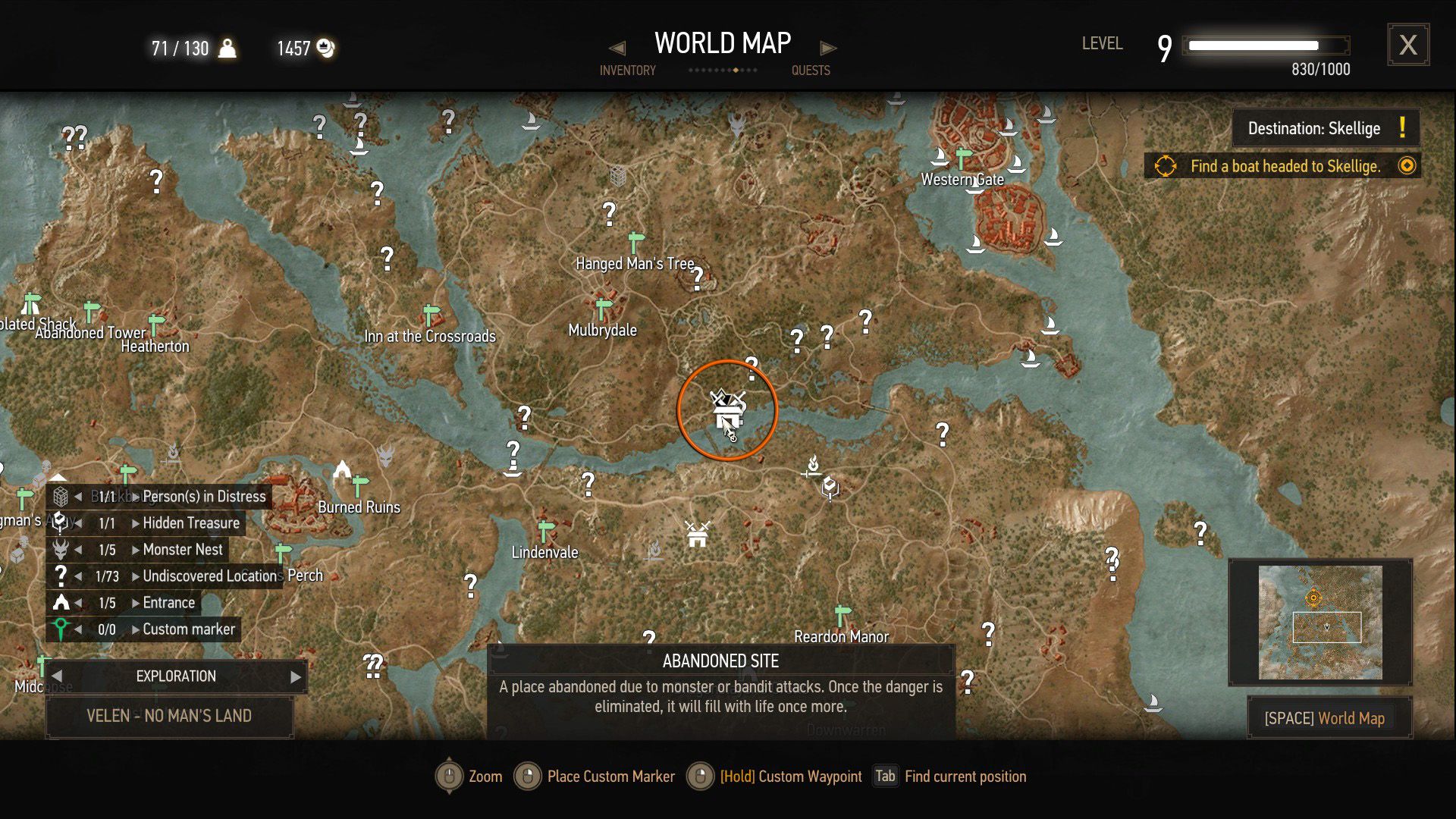 An annotated screenshot showing where the player can find an abandoned area where a treasure hunt starts.