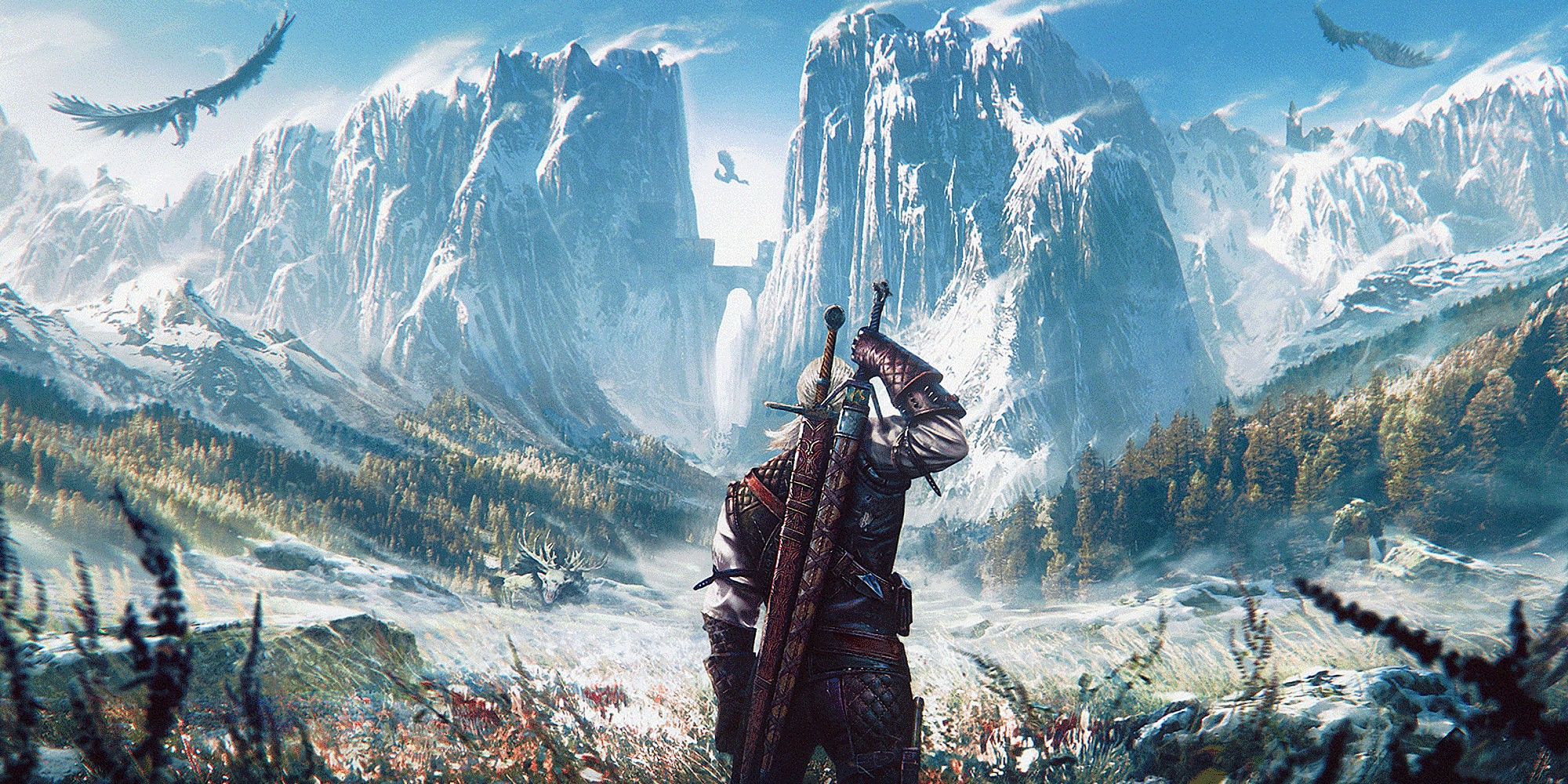 The Witcher 3 Geralt Turned Back Reaching For His Silver Sword Against The Backdrop Of Snowy Mountains