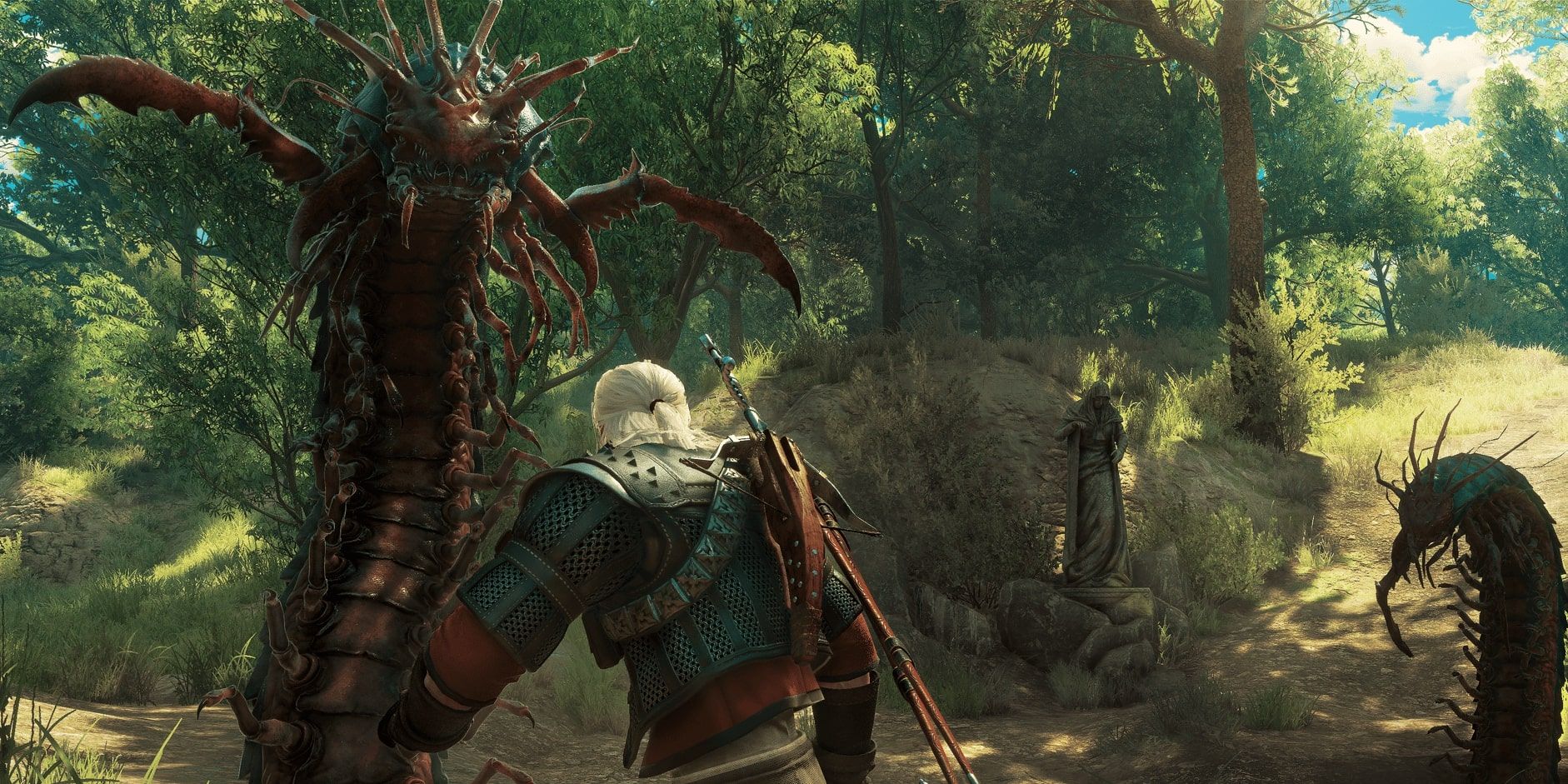 Geralt faces a horde of large centipede creatures that emerge from the ground near a forest patch.