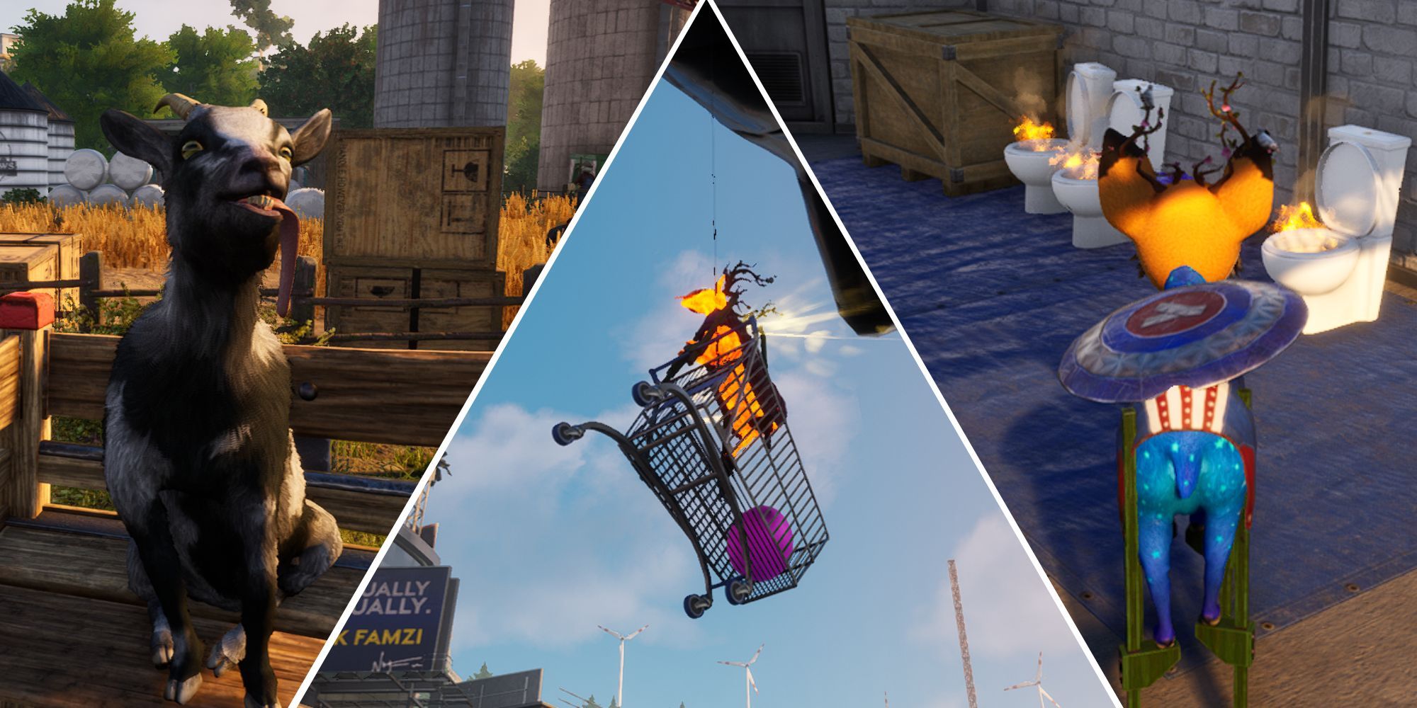 intro goat, pilgor on a grocery cart in the sky, pilgor in full gear in front of burning toilets