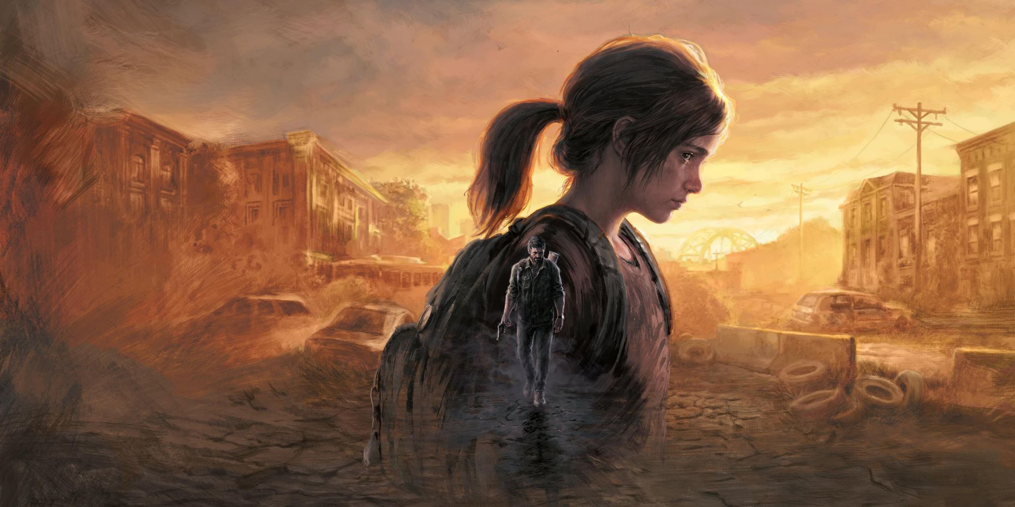 Joel walks down an abandoned road while Ellie's portrait hovers over him