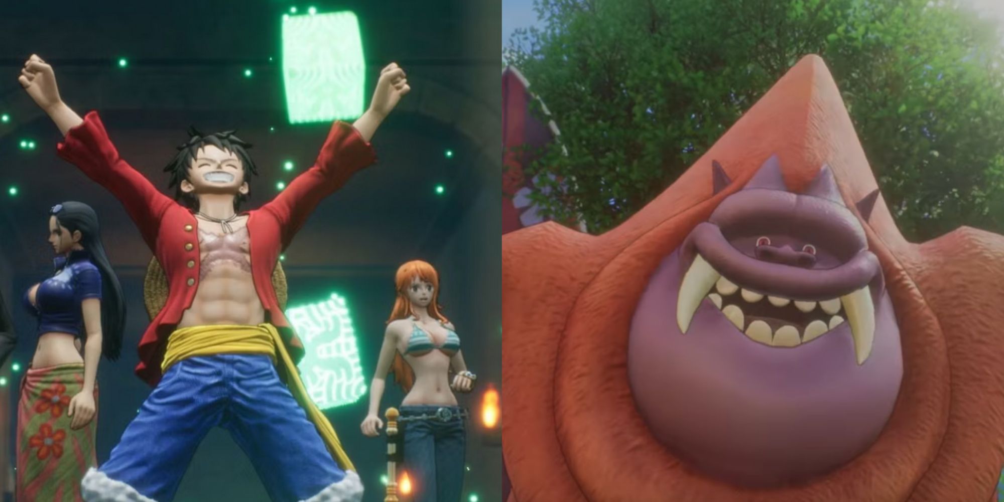 Split image screenshots of Luffy raising his arms in the air and the Del Kong Boss in One Piece Odyssey.