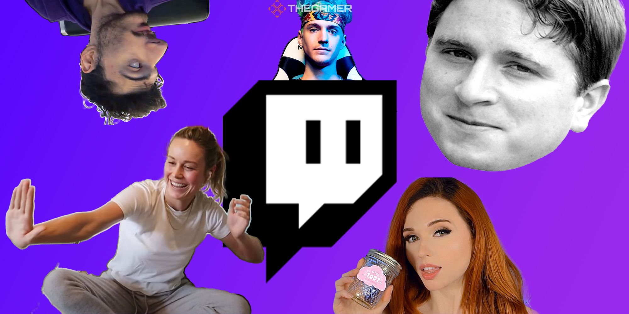 Brie Larson, ice_poseidon, Ninja, Amouranth, and the Kappa emoji surround the Twitch logo against a purple background.