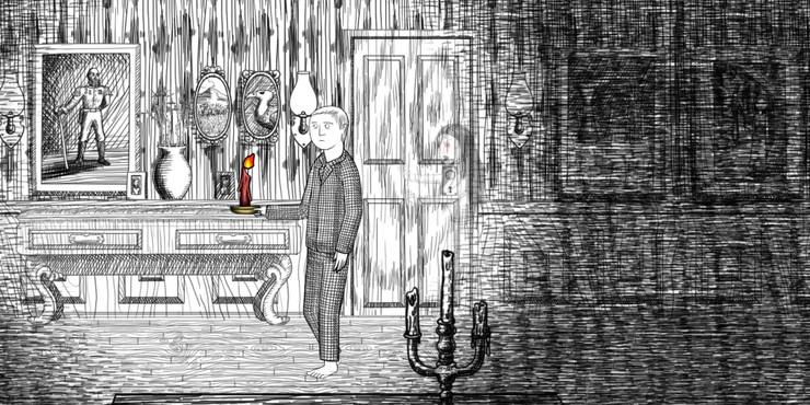 Thomas holding up a candle in a hallway while a ghost follows behind him in Neverending Nightmares