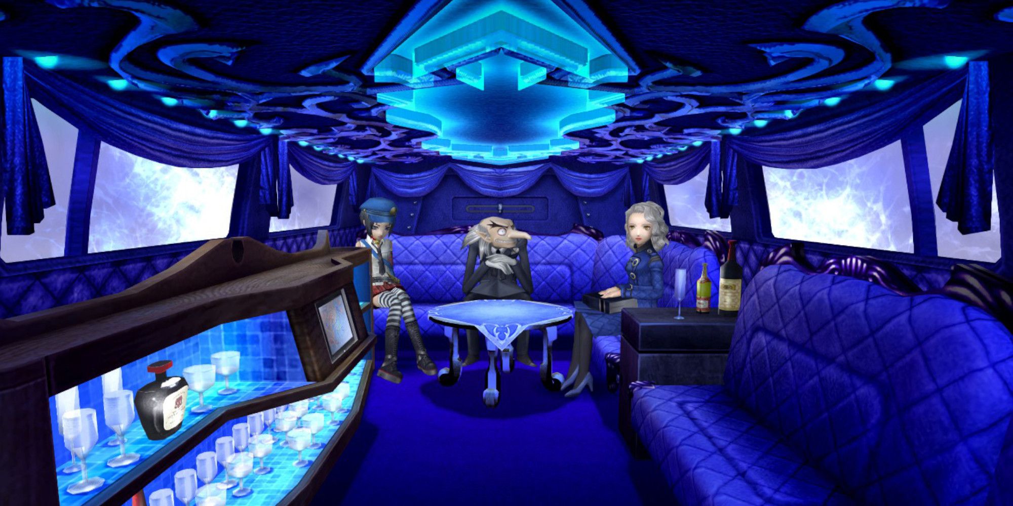 Marie, Igor, and Margaret in the Velvet Room of Persona 4 Golden