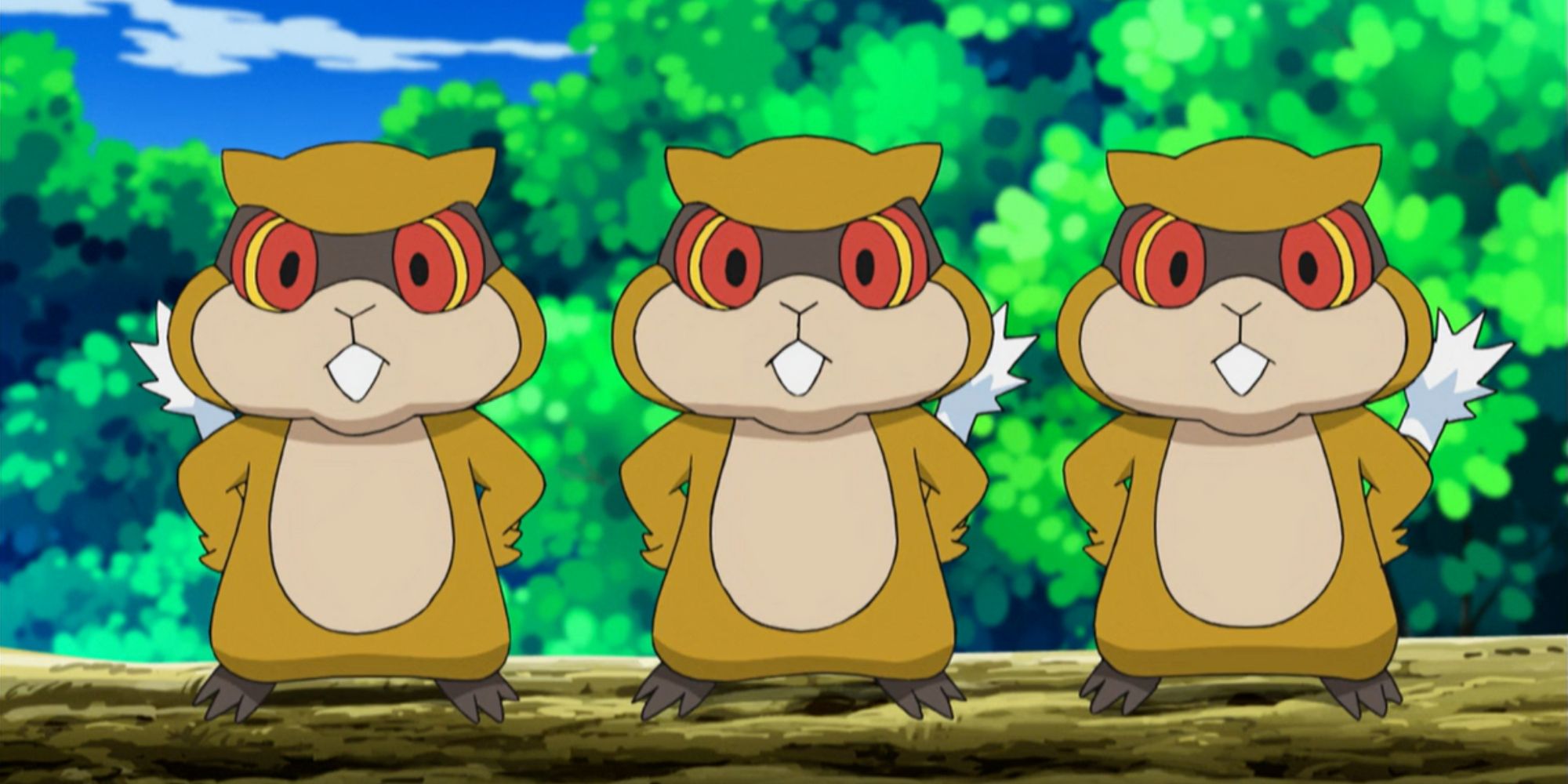 Three Patrats in Pokemon Anime Standing on a Log
