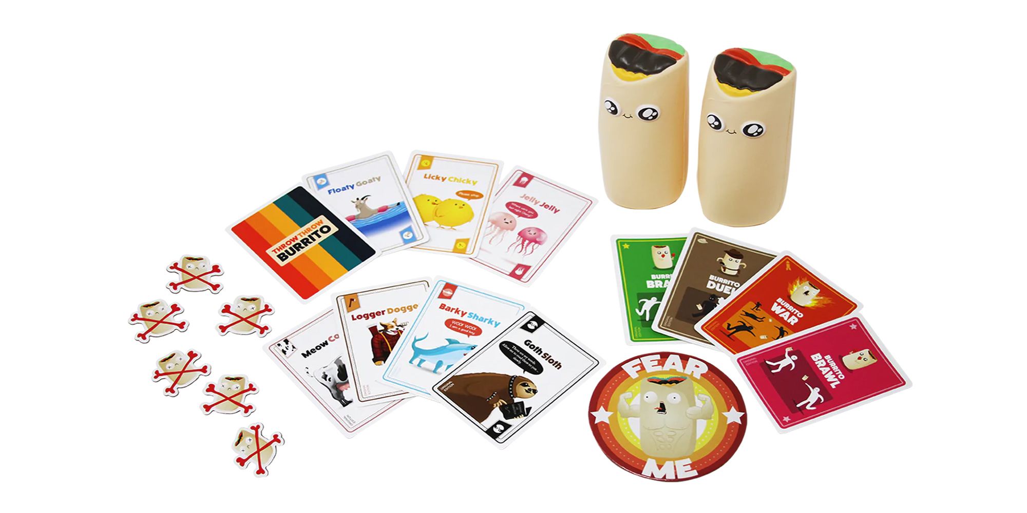 The contents of Throw Throw Burrito, including two soft burritos, playing cards, hit tokens, and the "FEAR ME" badge.