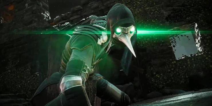 Corvus from Thymesia poses after landing from a jump with glowing green eyes under his plague doctor mask and a bow and quiver on his back.