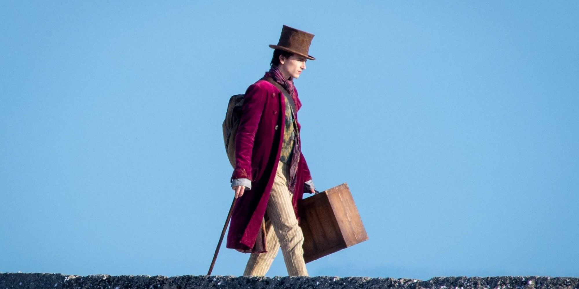 Timothee Chalamet with a cane and top hat in Wonka