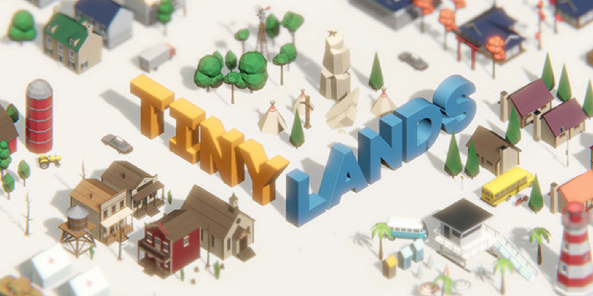 Tiny Lands Cover Image Text Set Against 3D Models of Various Styles of Homes