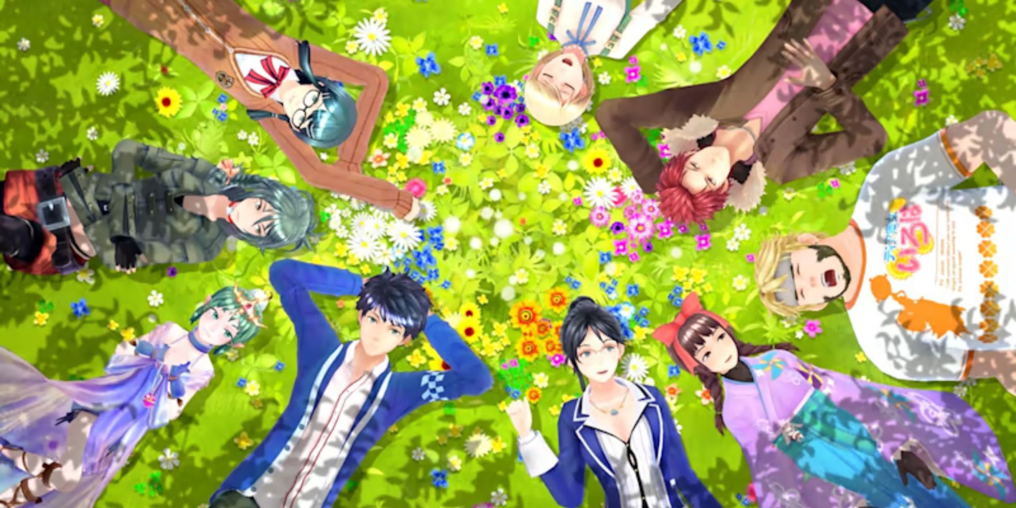 The main cast of Tokyo Mirage Sessions lay in a field of flowers