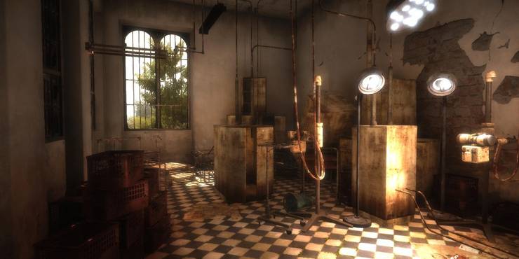 A first person perspective of dirty machines within the asylum in The Town of Light