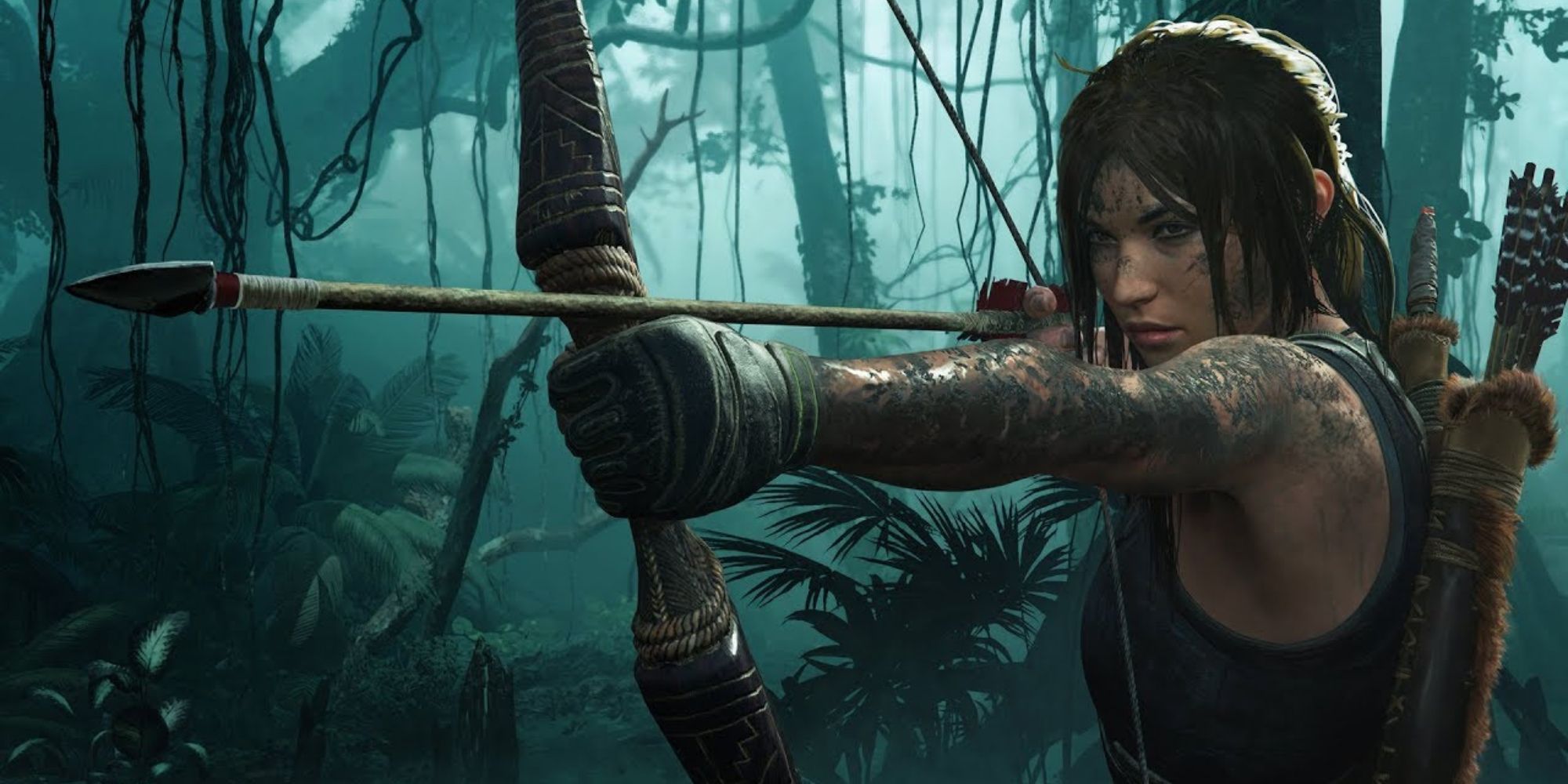 Lara Croft pointing a bow and arrow off camera