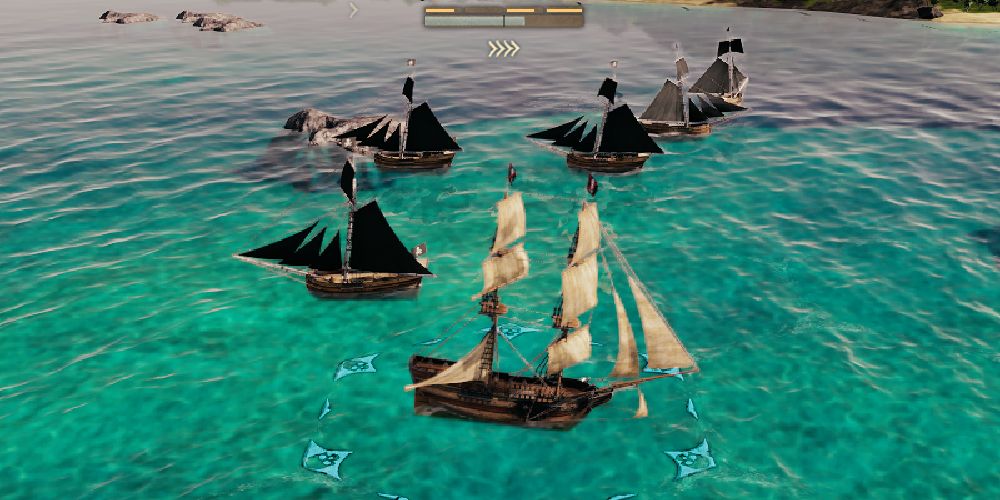 pirate sloops surround a larger vessel