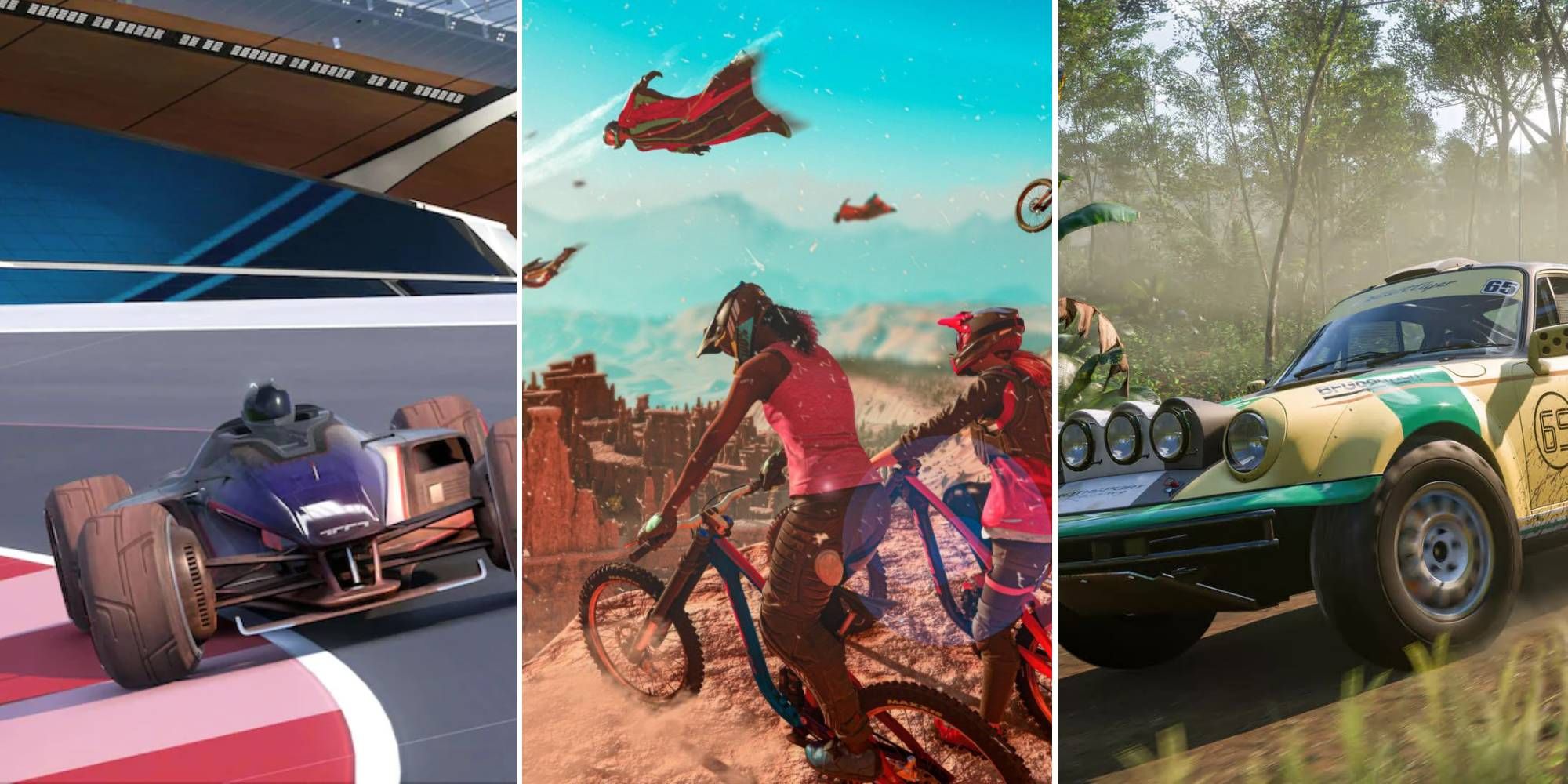 Action shots of vehicles racing in Trackmania, Rider's Republic, and Forza Horizon 5.