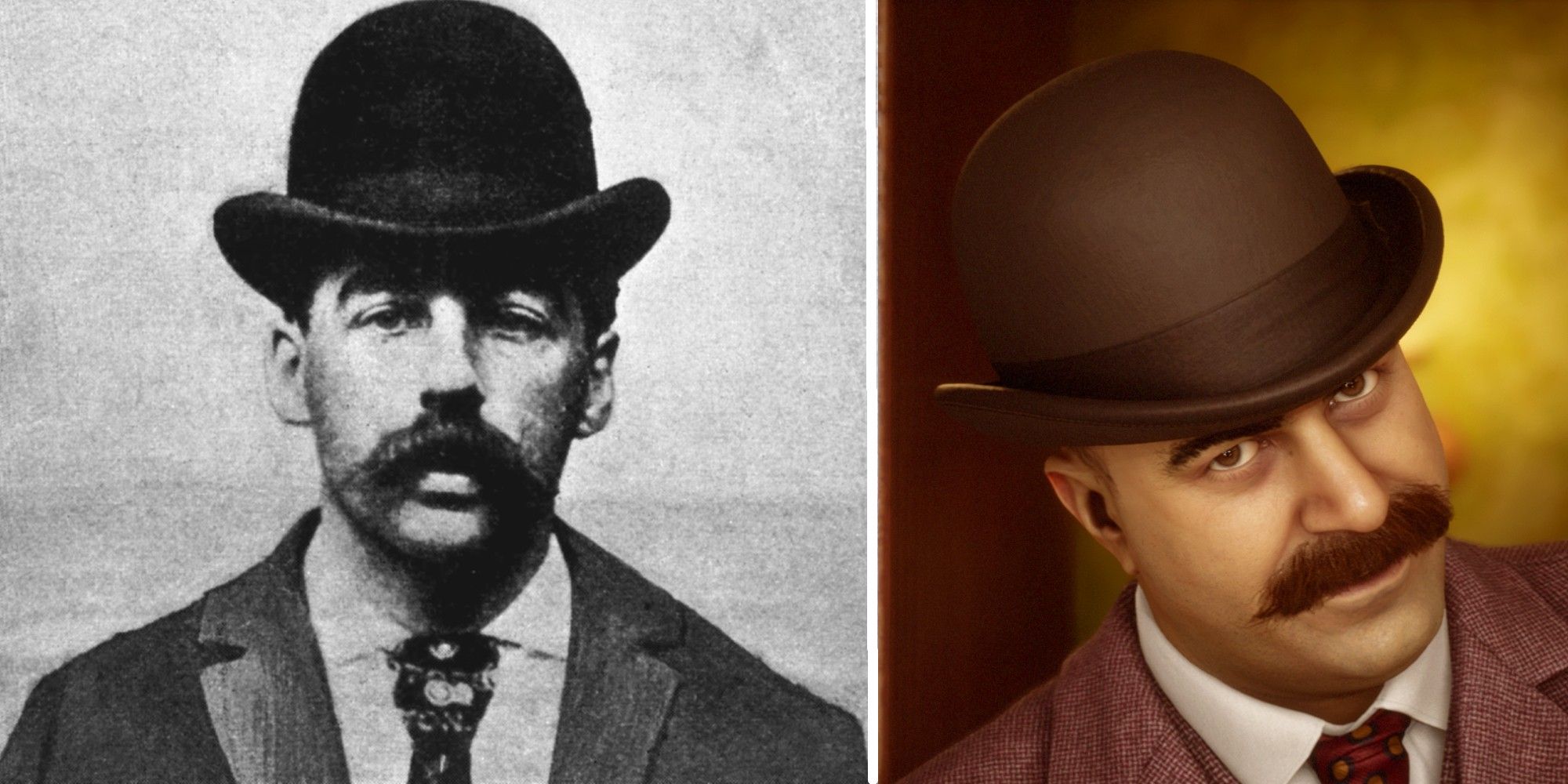 On the right, a photograph of serial killer H.H. Holmes, and on the left his depiction in The Devil In Me
