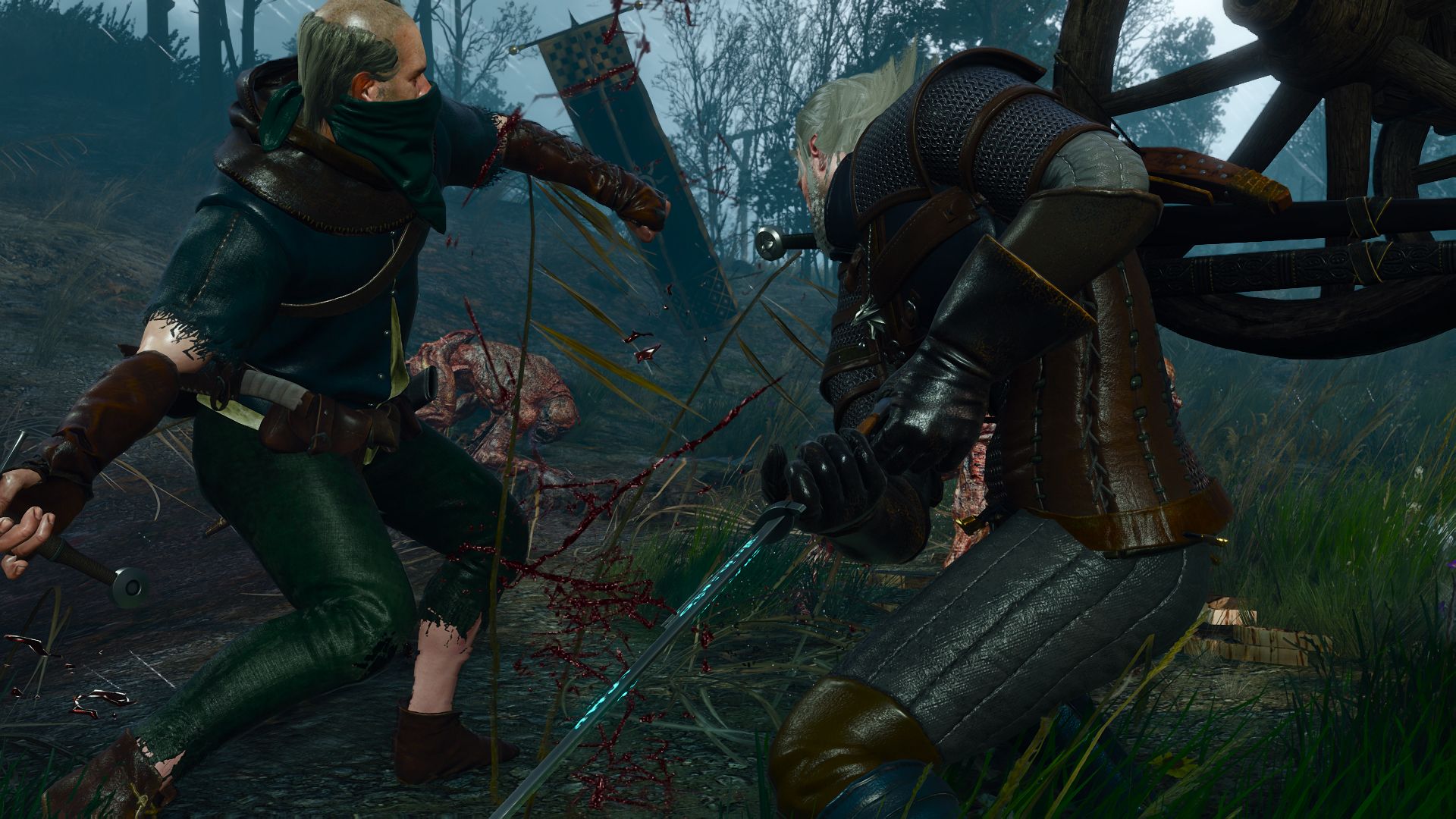 Geralt and a survivor battle necrophages on a rainy battlefield.
