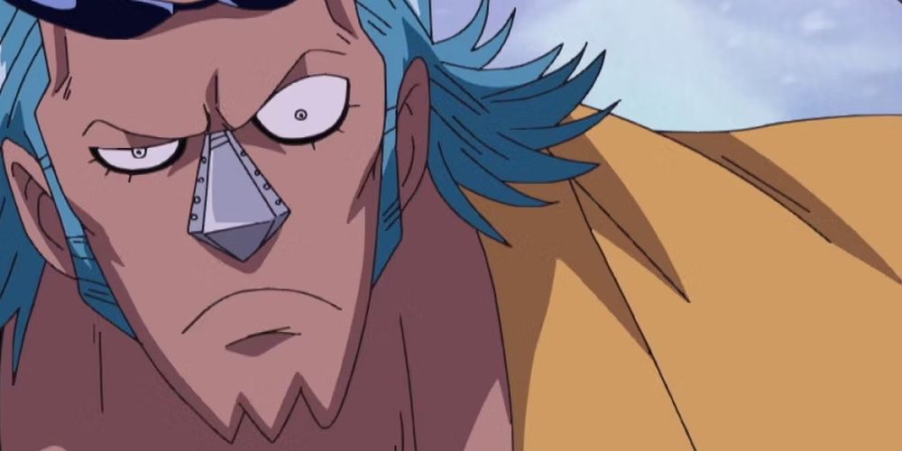 A close up of Franky raising an eyebrow in the One Piece anime
